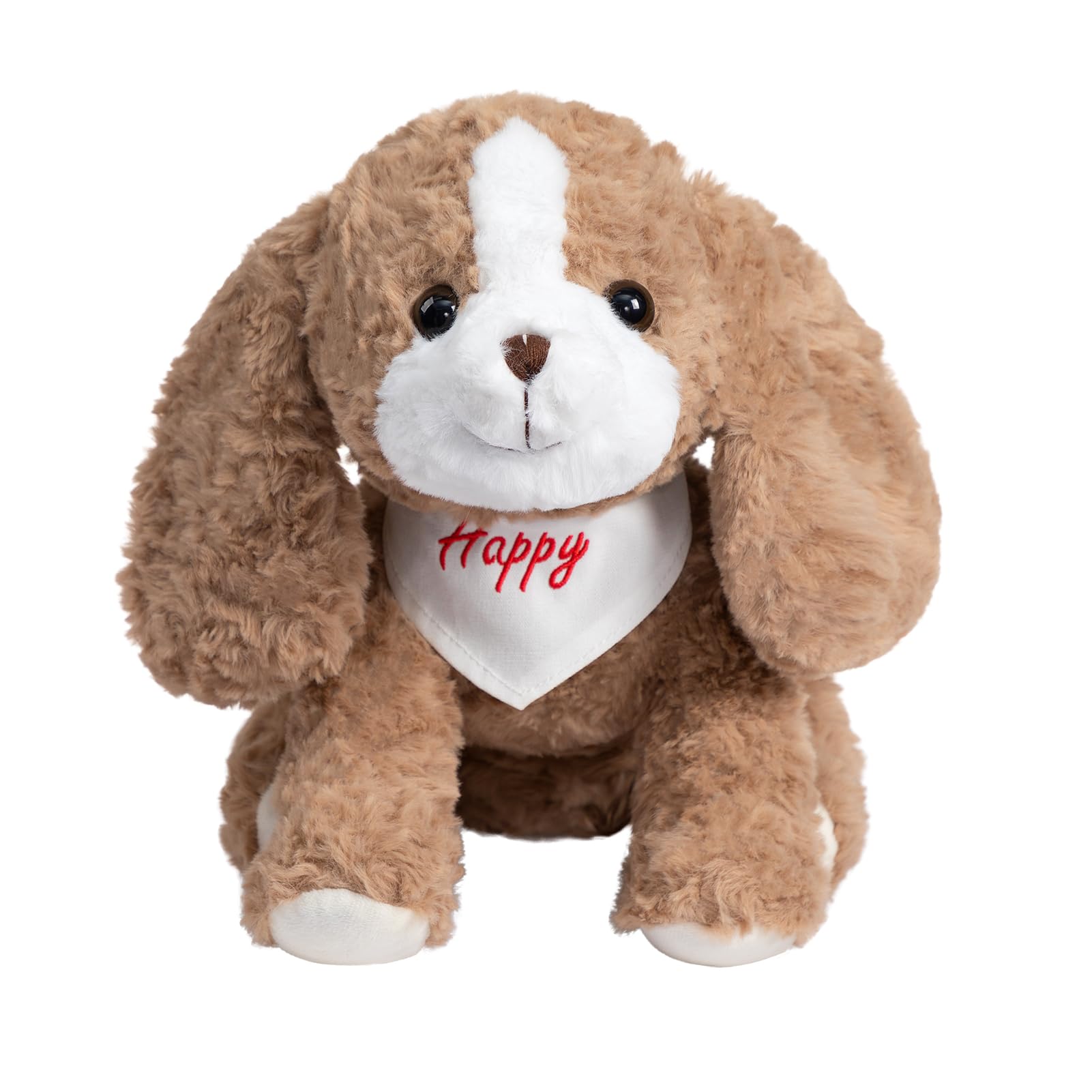 BEJOY Plüschhund mit „Happy“ Schal, Süßes Stofftier Spielzeug, Weicher Kuscheltier Teddy für Kinder Erwachsene, Geschenk für Geburtstage Weihnachten, 35cm Braun