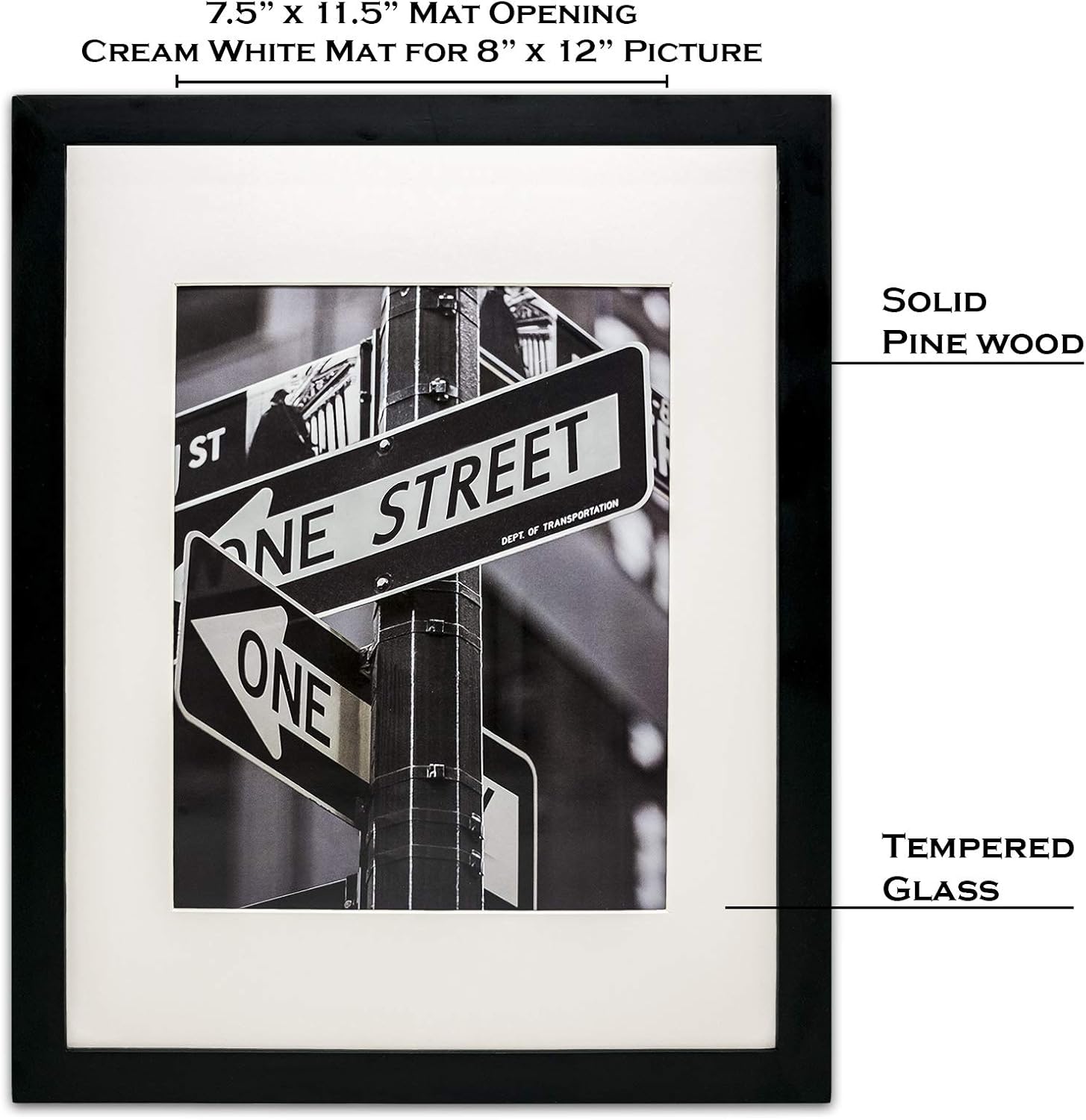 The Display Guys –– Solid Pine Wood Picture Frame with Tempered Glass and Mat – Wall Mounting – 12" x 16" - Black
