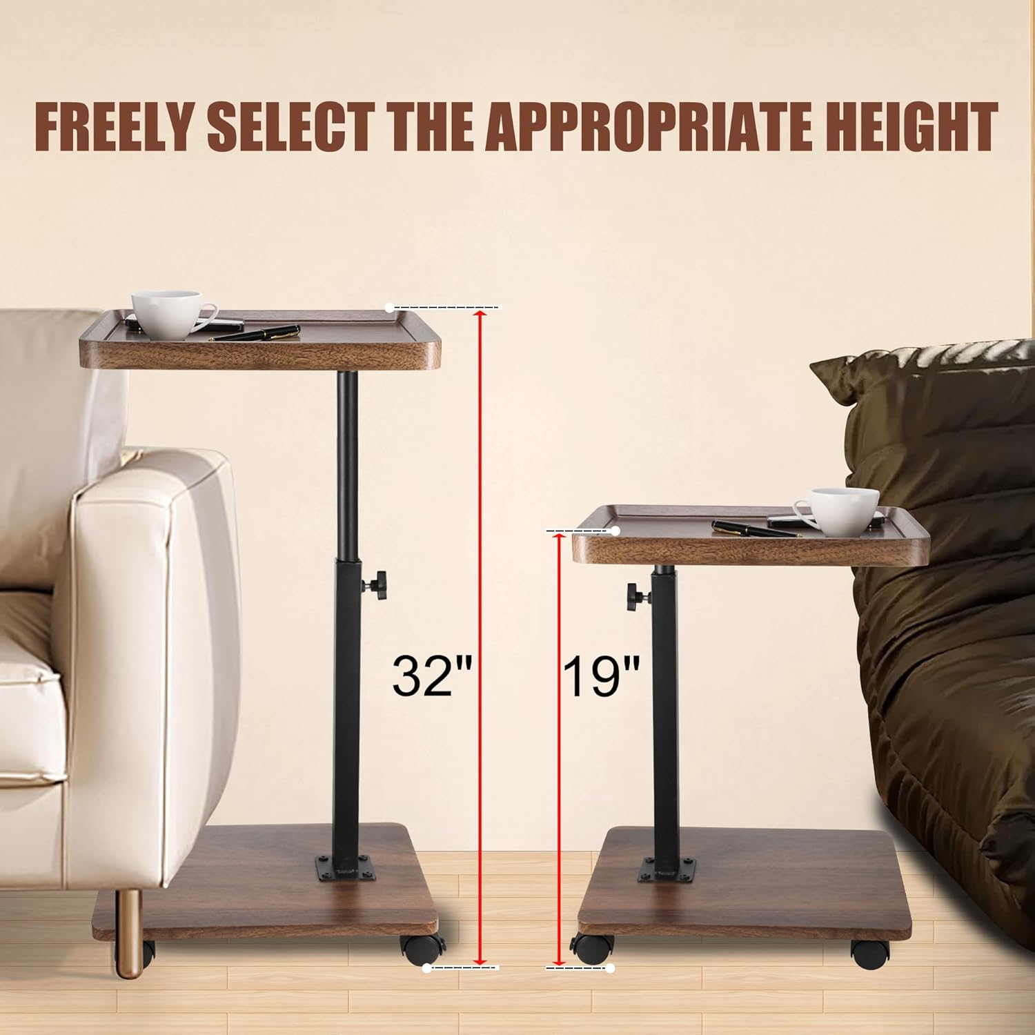 C Shaped End Table for Couch, Adjustable C Shaped Side Table with Wheels, Anti Fall Measures TV Trays Table for Eating, Sofa, Bedroom, Living Room