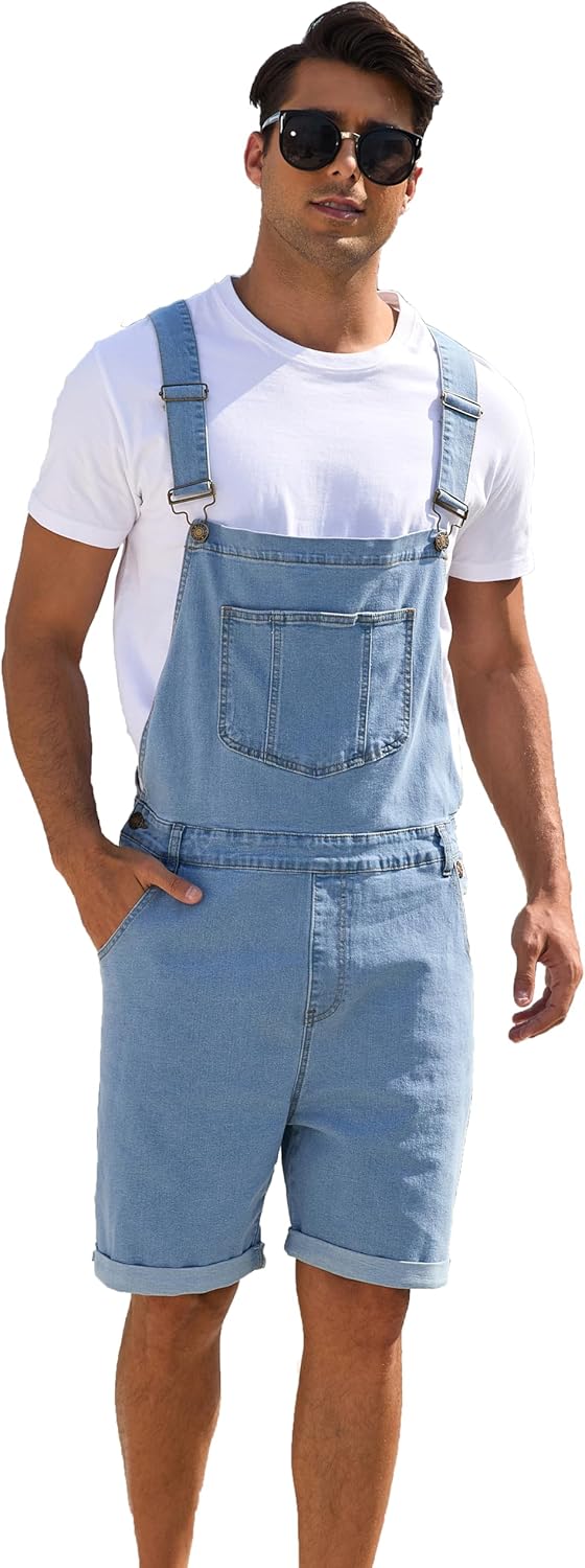 Men's Denim Overalls Jean Shorts Bib Coveralls Casual Loose Fit Work Summer Jumpersuit