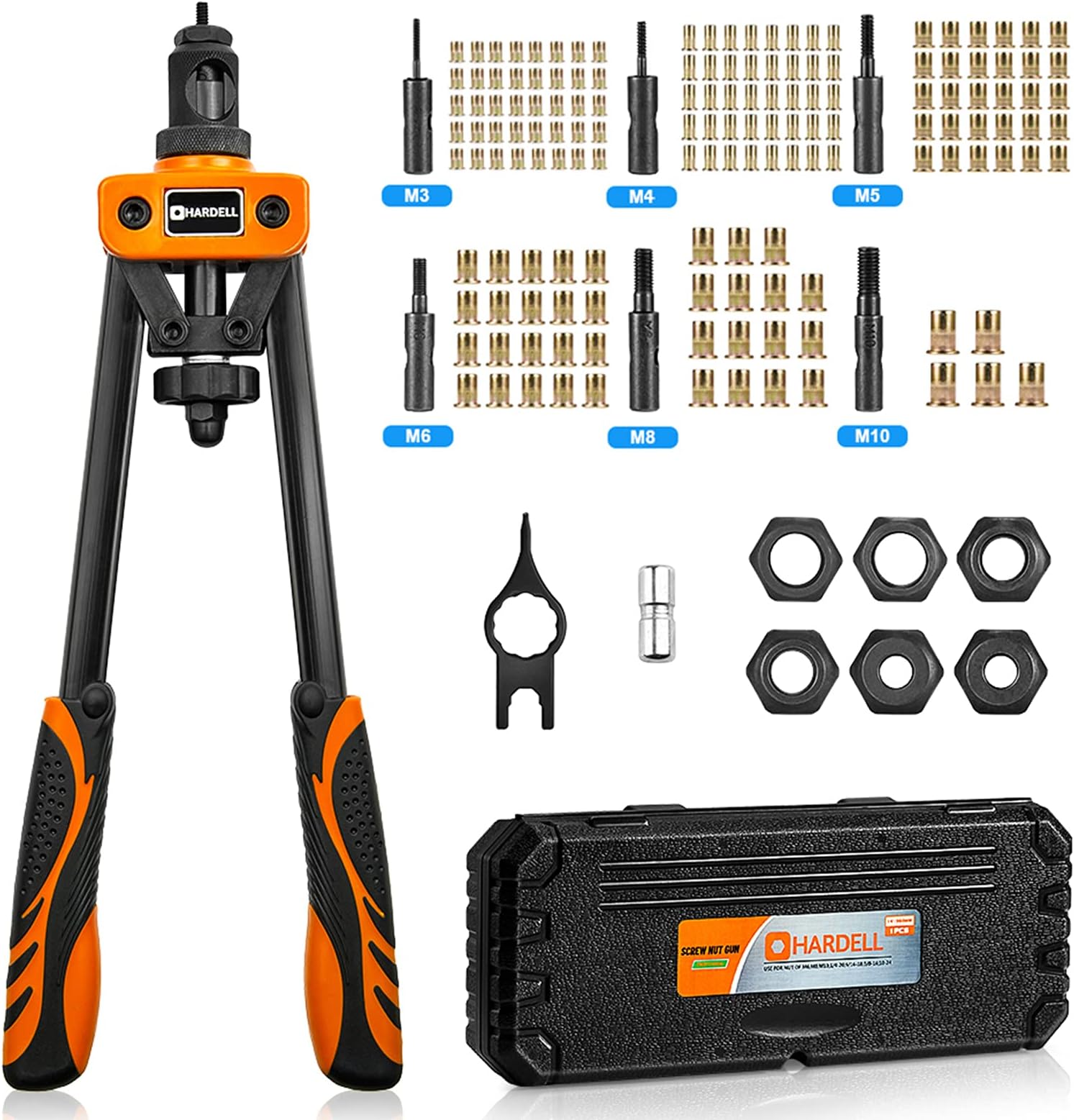 HARDELL Rivet Tool Kits, Rivet Nut Pliers Set, 14" Heavy Duty Hand Rivnut Gun with 150 Rivet Nuts and M3 M4 M5 M6 M8 M10 6 Metric Mandrels，Heat-treated Alloy Steel better for Thick Sheet Steel