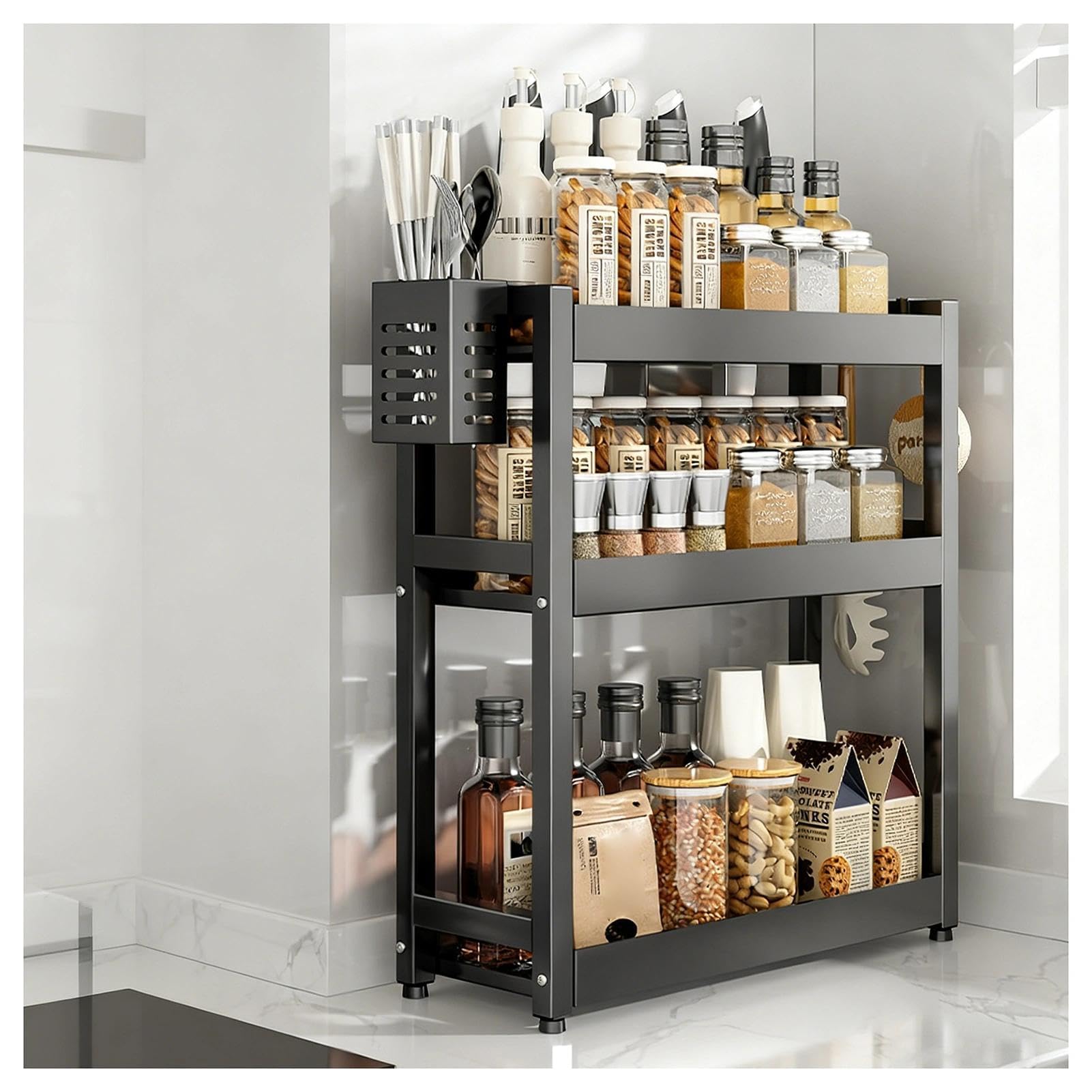 GLJTUO 3-Tier Spice Rack - Standing Desktop Storage Shelf with Hooks & Utensil Holder - Kitchen & Bathroom nization - White, 50cm Countertop Solution for Pantry Storage (Black 3,Black-3 Tier-50cm