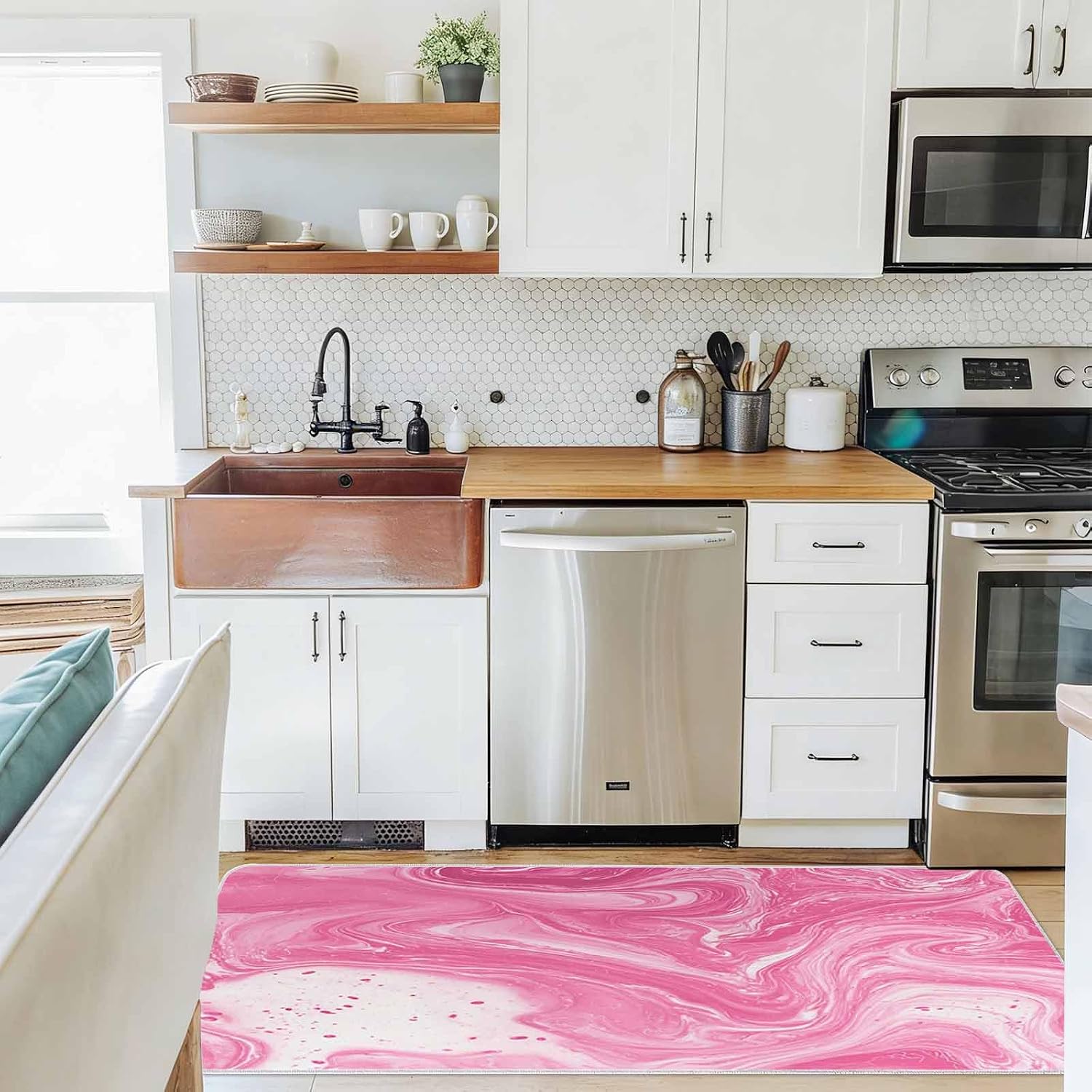 Abstract Marble Texture Kitchen Rug and Mat,Washable Floor Mats Standing Cushioned Set of 2,Modern Pink Fluid Style Slip-Proof Doormat Runner Rugs for Indoor Bathroom Laundry Sink