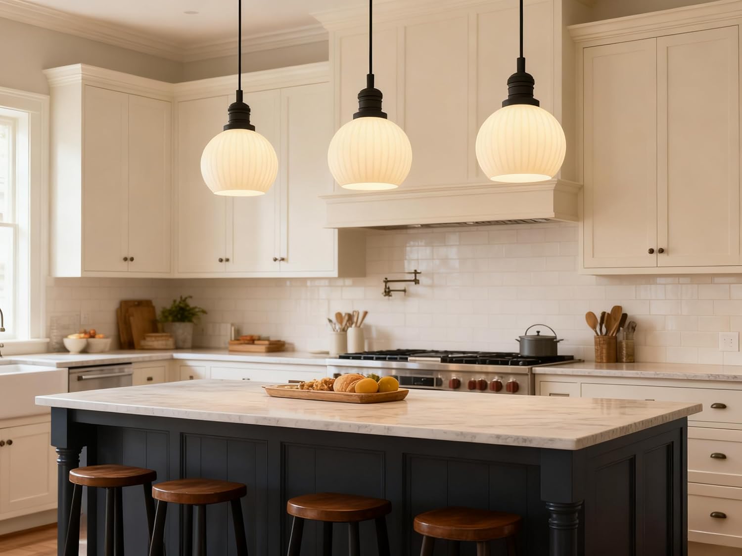 Modern White Glass Ribbed Globe Pendant Light Ceiling, Industrial Hanging Light Fixture for Kitchen Island, Dining Room, Living Room, Bedroom, Stairs