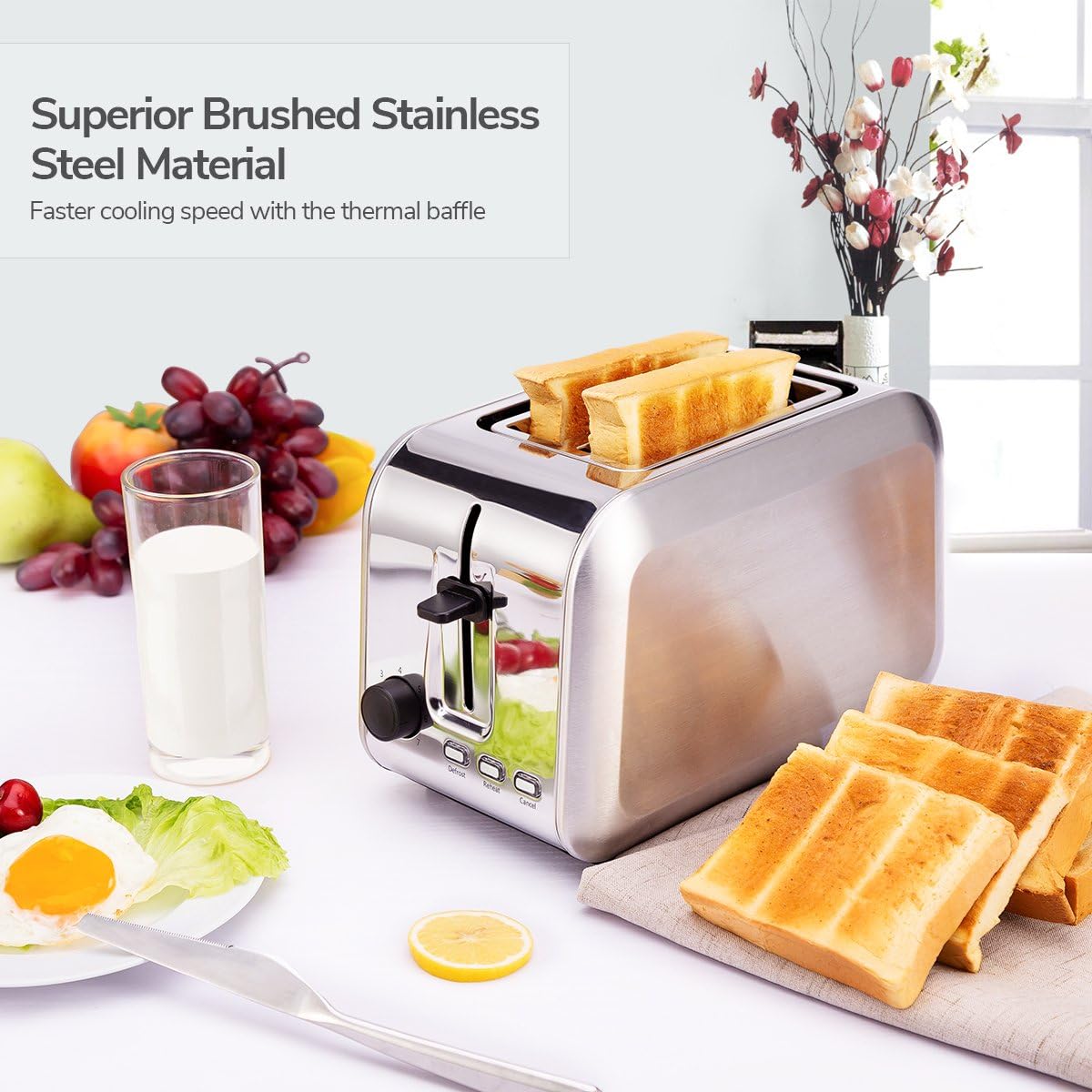 Toaster 2 Slice Wide Slot, CUSIBOX Stainless Steel Toaster Bread Toaster with Removable Crumb Tray, 7 Bread Browning Settings, REHEAT/DEFROST/CANCEL Function, 750W, ST013