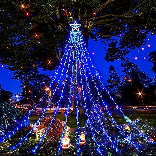 Aokudoni Luces de Navidad para exteriores, 12.6 pies, 350 luces LED de cascada azules, 8 modos de luces de Navidad para árbol, decoraciones de