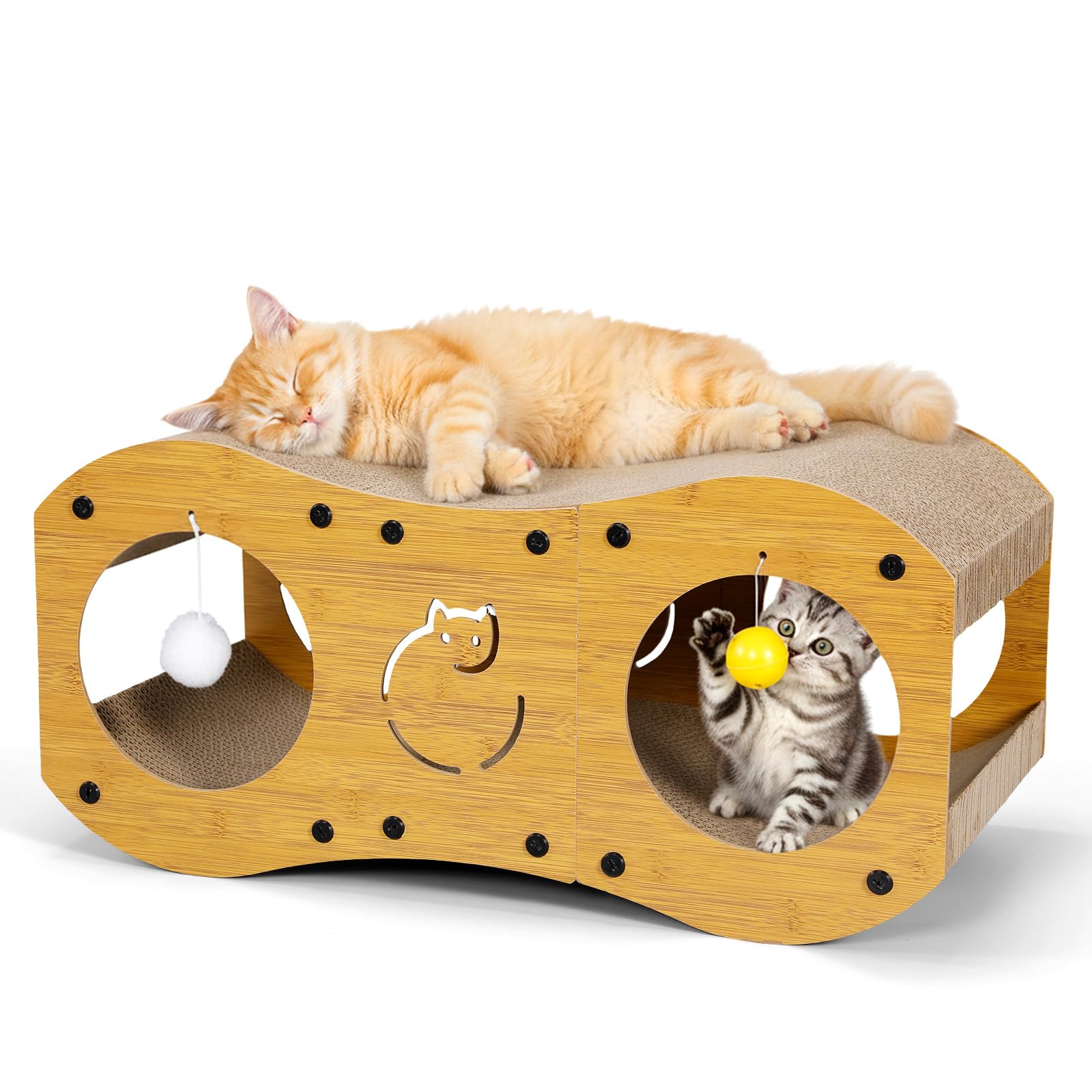 Gimars Rascador para Gatos 3 en 1 con Túnel, Rascador de Cartón para Gatos con Pelotas, Protección de Muebles, Estilo Madera, Natural