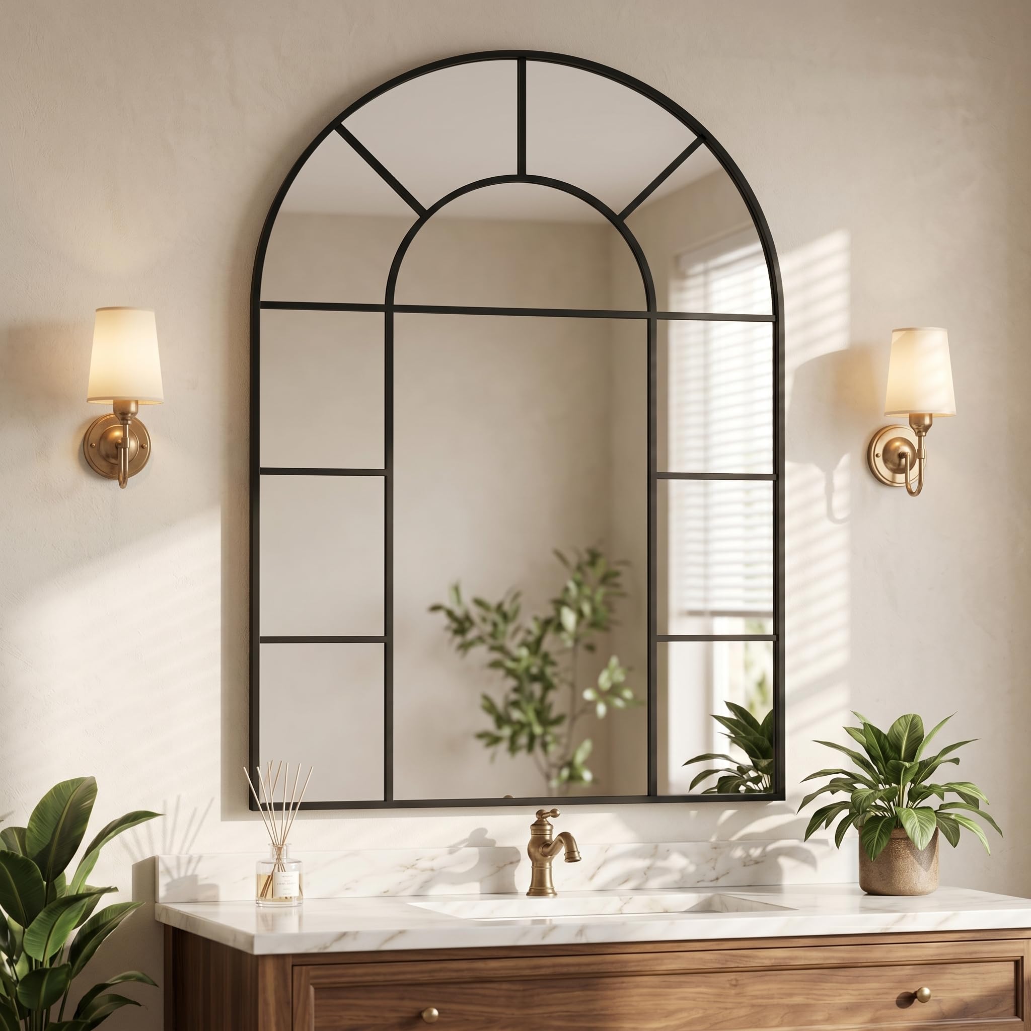 100L x 76W cm, Vintage Window Mirror, Arch Mirror for Walls, Bathroom Mirror with Grid, Tempered Glass Explosion Proof Decorative Mirror, Suitable for Garden Decoration, Bedroom, Hallway, Black