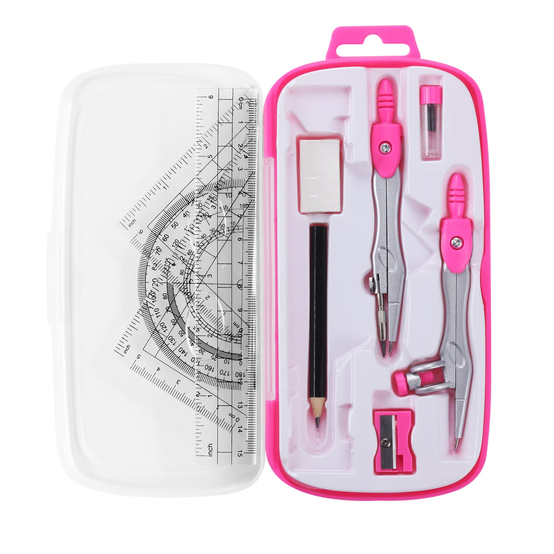 Unjoo Math Geometry Set 10 Pcs, Compass and Protractor for Students (Pink)