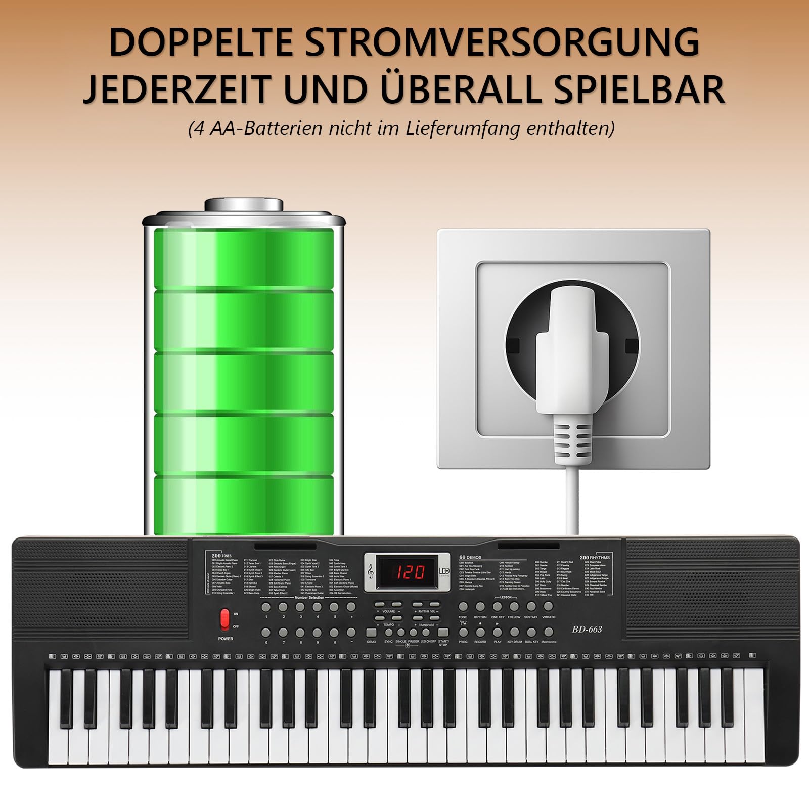 Bonnlo 61-Tasten Keyboard mit Z-Ständer, Hocker, Kopfhörer, LED-Display und 3 Lernmodi, 200 Klänge, 200 Rhythmen, mit eingebauten Lautsprechern für Anfänger & Fortgeschrittene, Schwarz