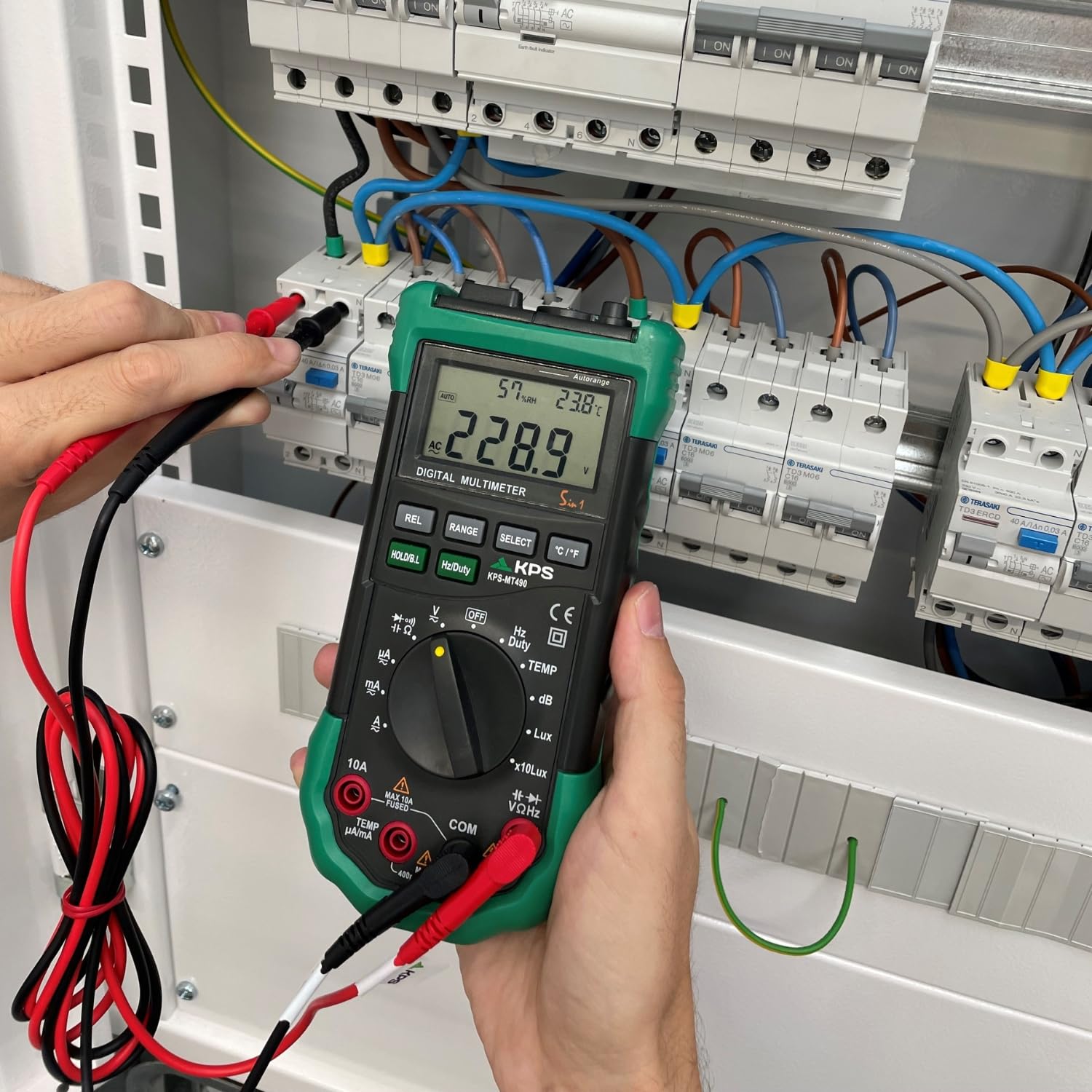 KPS-MT490 Multímetro Digital con medición de Temperatura Humedad Relativa Nivel Sonoro y Luminosidad - Tensión AC/DC 600V Corriente AC/DC 10A