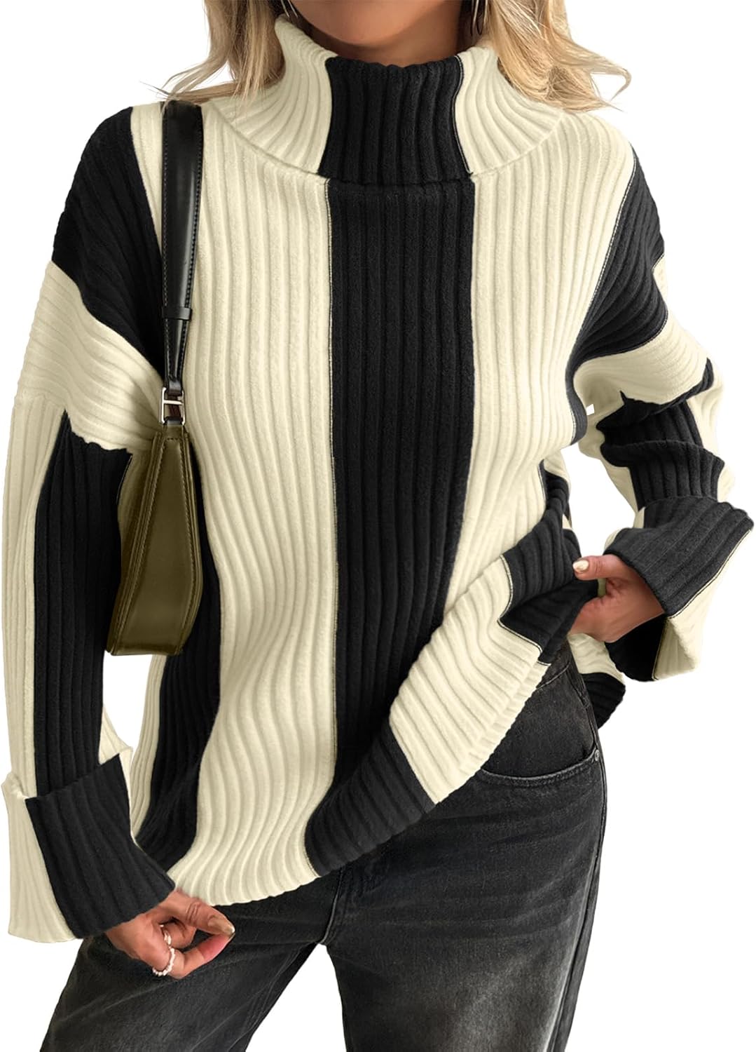 Saodimallsu Womens Turtleneck Sweater Color Block Striped Oversized Sweaters Winter Casual Trendy Pullover Tops - Image 2