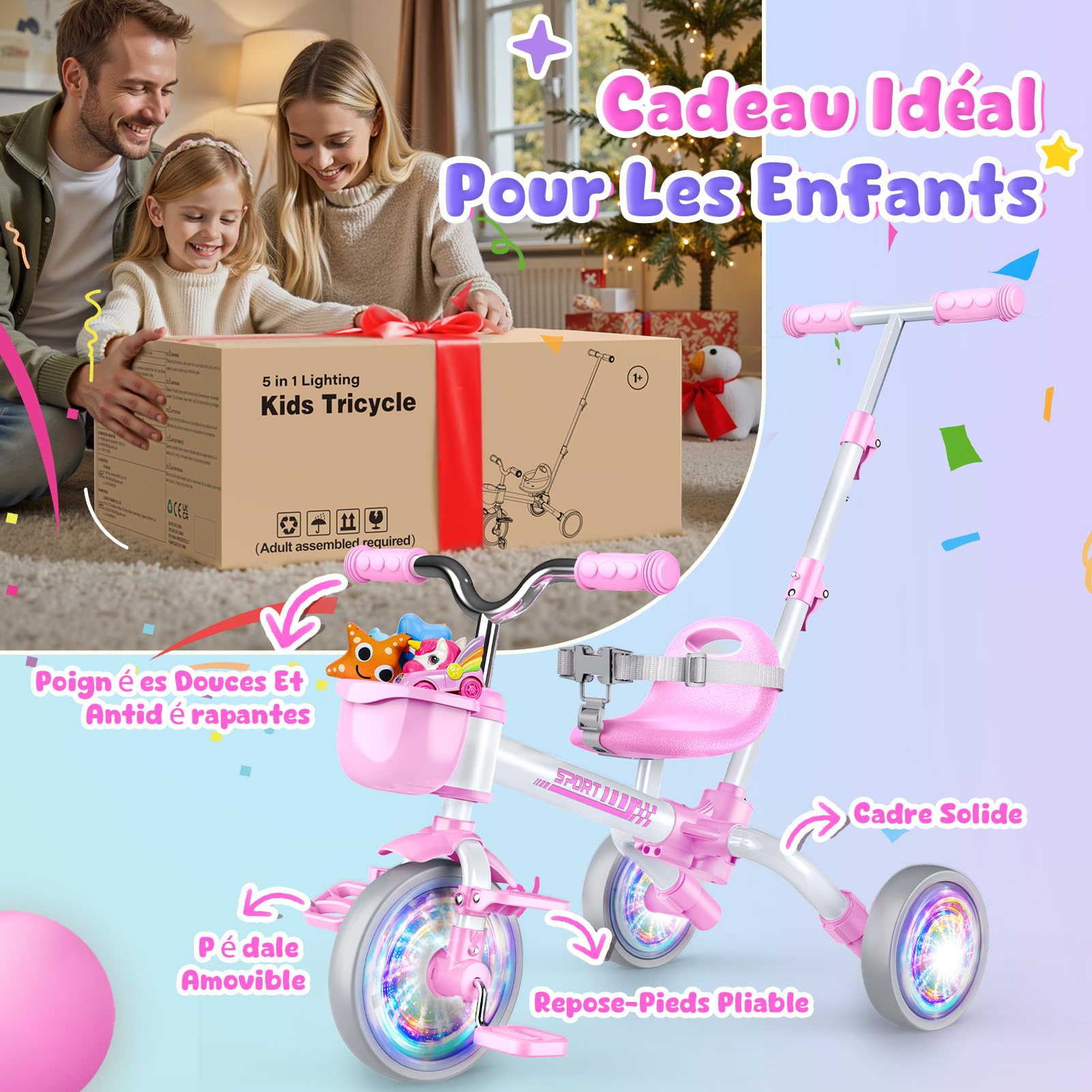 HappyGoLucky 5 en 1 Tricycle évolutif Enfant, Draisienne 1-5 Ans-Roues Lumineuses/Poignée Parentale/Sièges&pédales Réglables