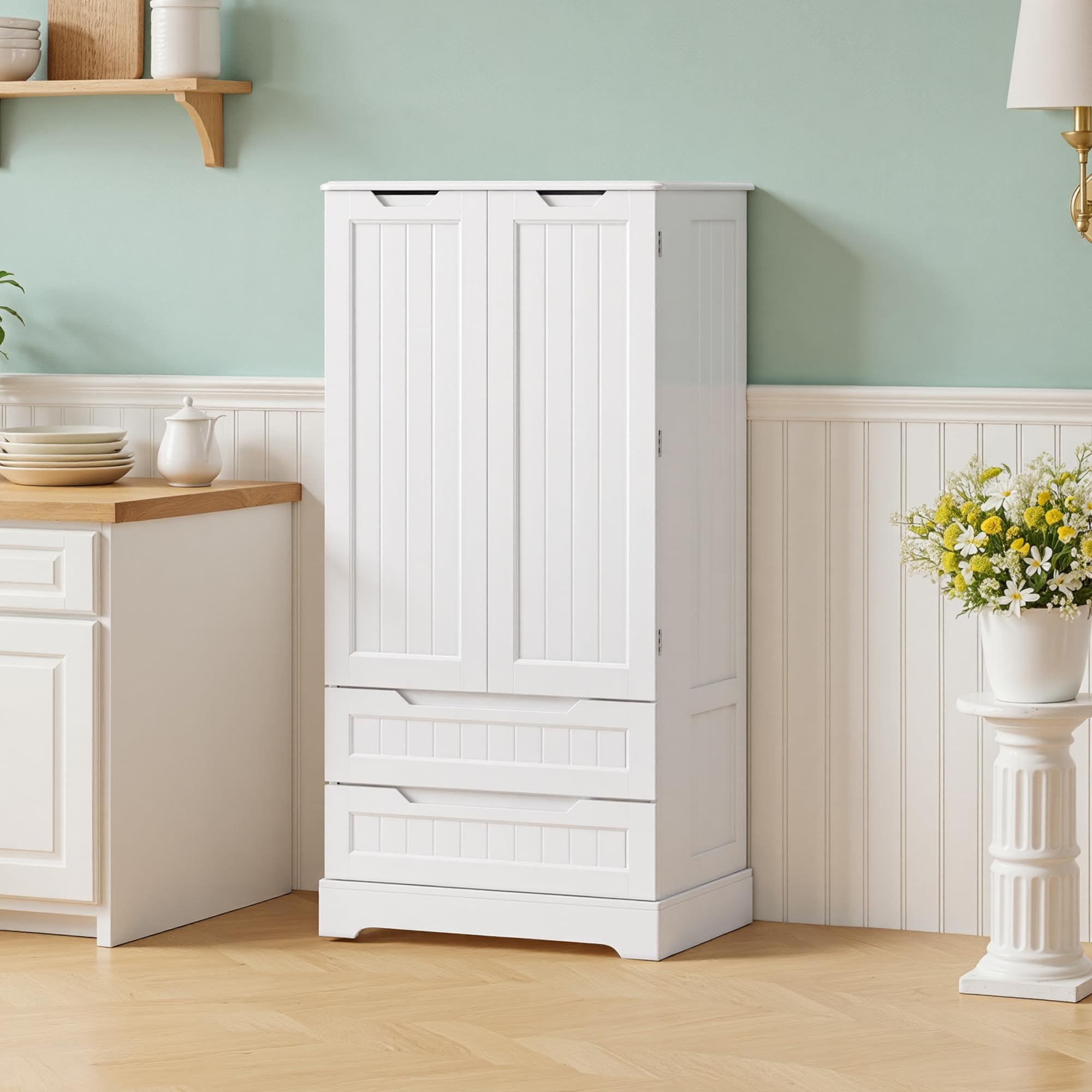 Bealife Hochschrank, Küchenbuffet mit 2 Schubladen und 2 Türen, Freistehender Küchenschrank für Küche, Esszimmer und Wohnzimmer, Weiß