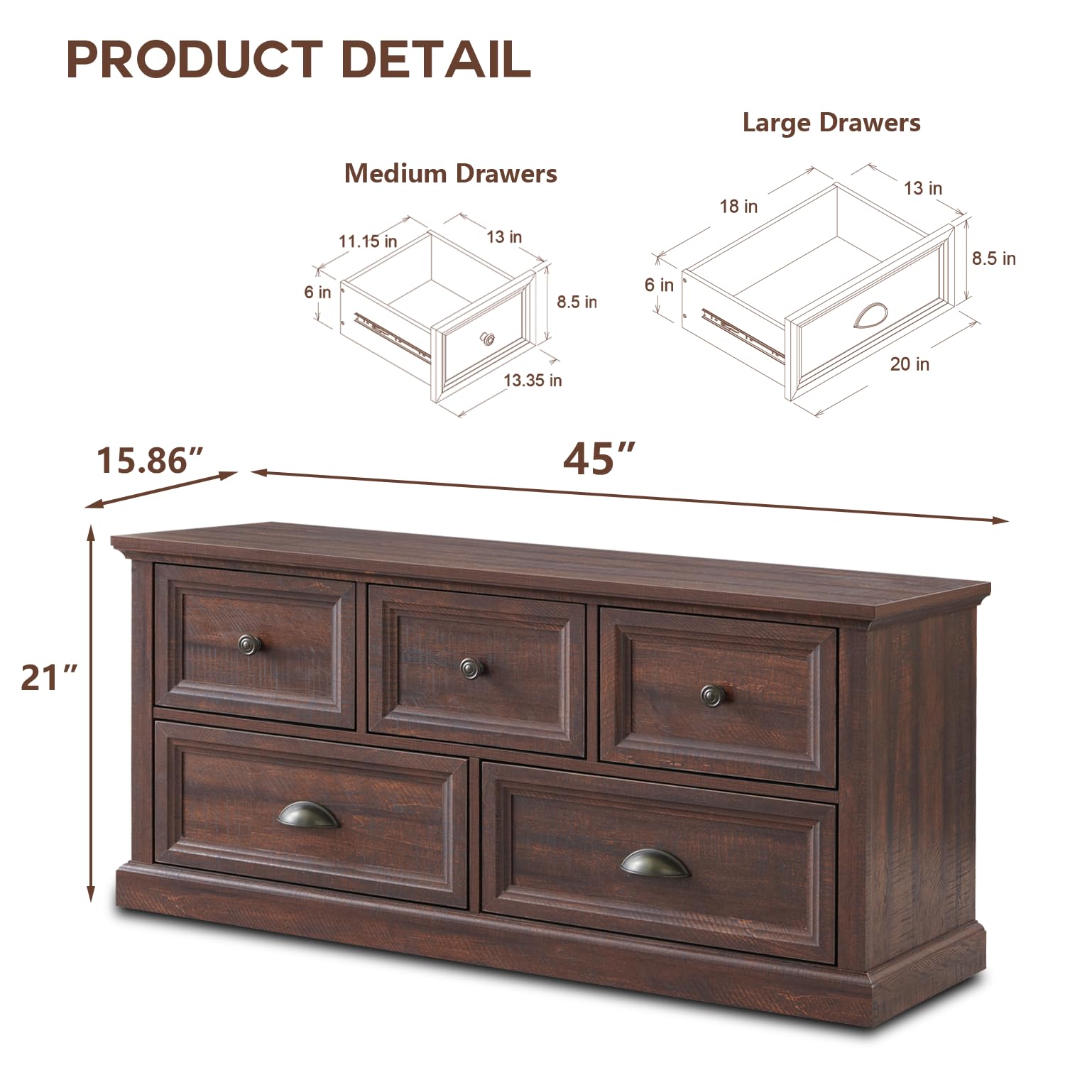 5 Drawer Farmhouse Dresser - 44.9" Tall Wood Chest Of Drawers For Bedroom, Large Storage Cabinet In Gray