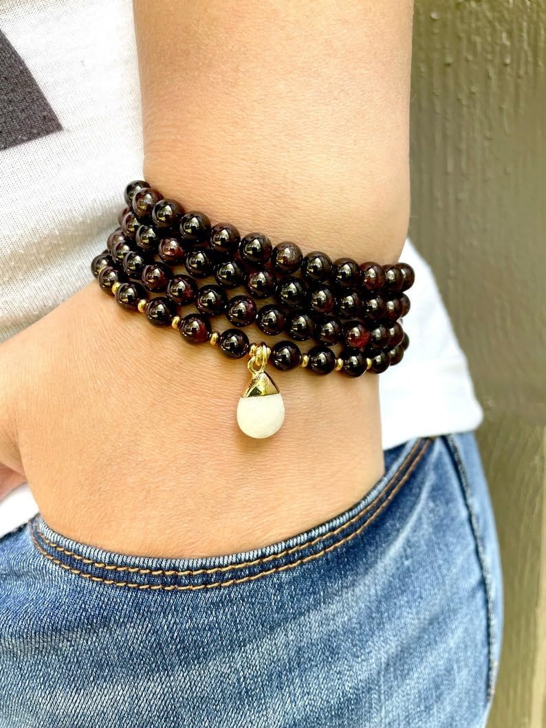 Naturalny granat i kamień księżycowy 6 mm 108 koralików mala, duchowe, koraliki do medytacji, Reiki, Japa Mala, buddyjskie koraliki modlitewne, bransoletka do jogi, koraliki lecznicze