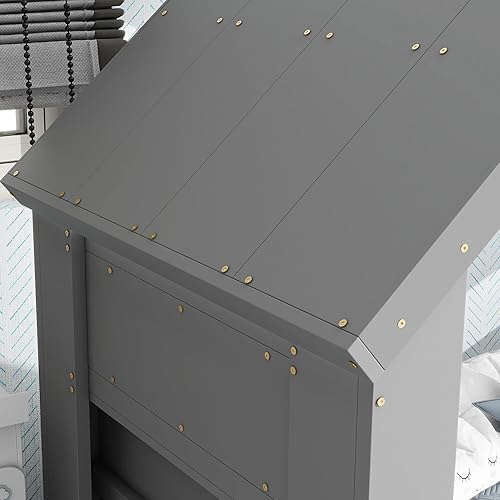 Miniatura 8 de MERITLINE HJHW50489964 - Cama de casa individual para niños, cama de suelo Montessori con ventana de techo, luz LED, no necesita somier, para niñas