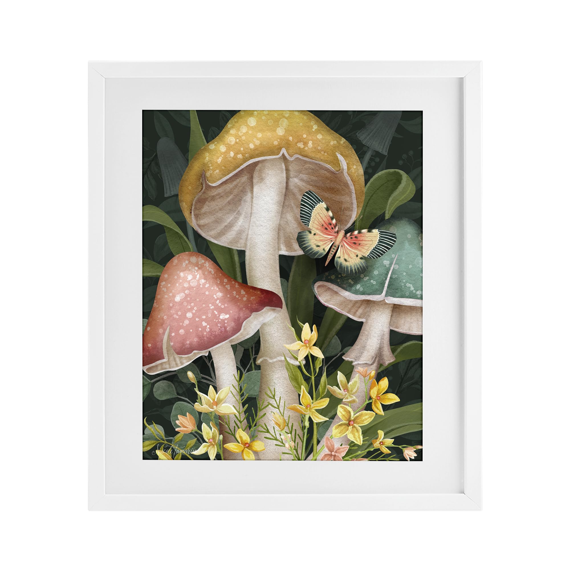 Stupell Industries 'Midnight Garden Mushrooms', Framed Print Under Glass, White, 13 x 16 Inches, Easy to Hang and Sturdy, Made in USA, by Nicole Tamarin