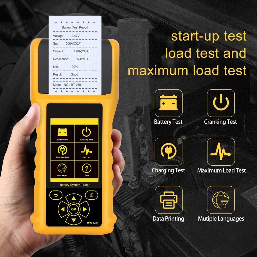 Brrnoo Probador de Batería de Automóvil Ultracompacto BT760 para Sistemas de 12 V Soporte en Varios Idiomas y Funciones para Baterías