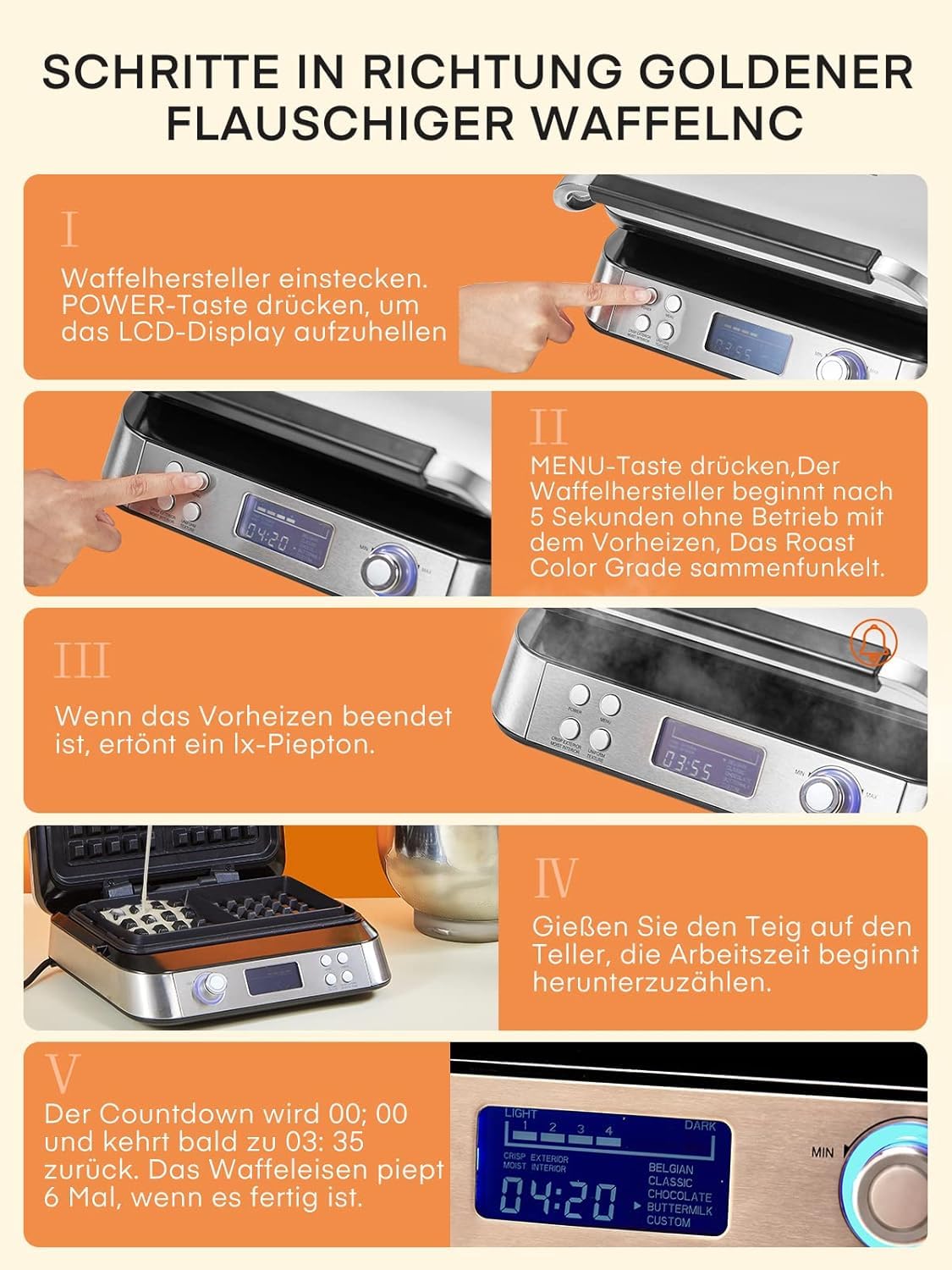 Gofrownica o mocy 1600 W, odpowiednia do przygotowywania gofrów belgijskich, 5 programów, 7 poziomów pieczenia, wyświetlacz LCD, timer, pojemnik przelewowy, bardzo głęboka płyta grzewcza.