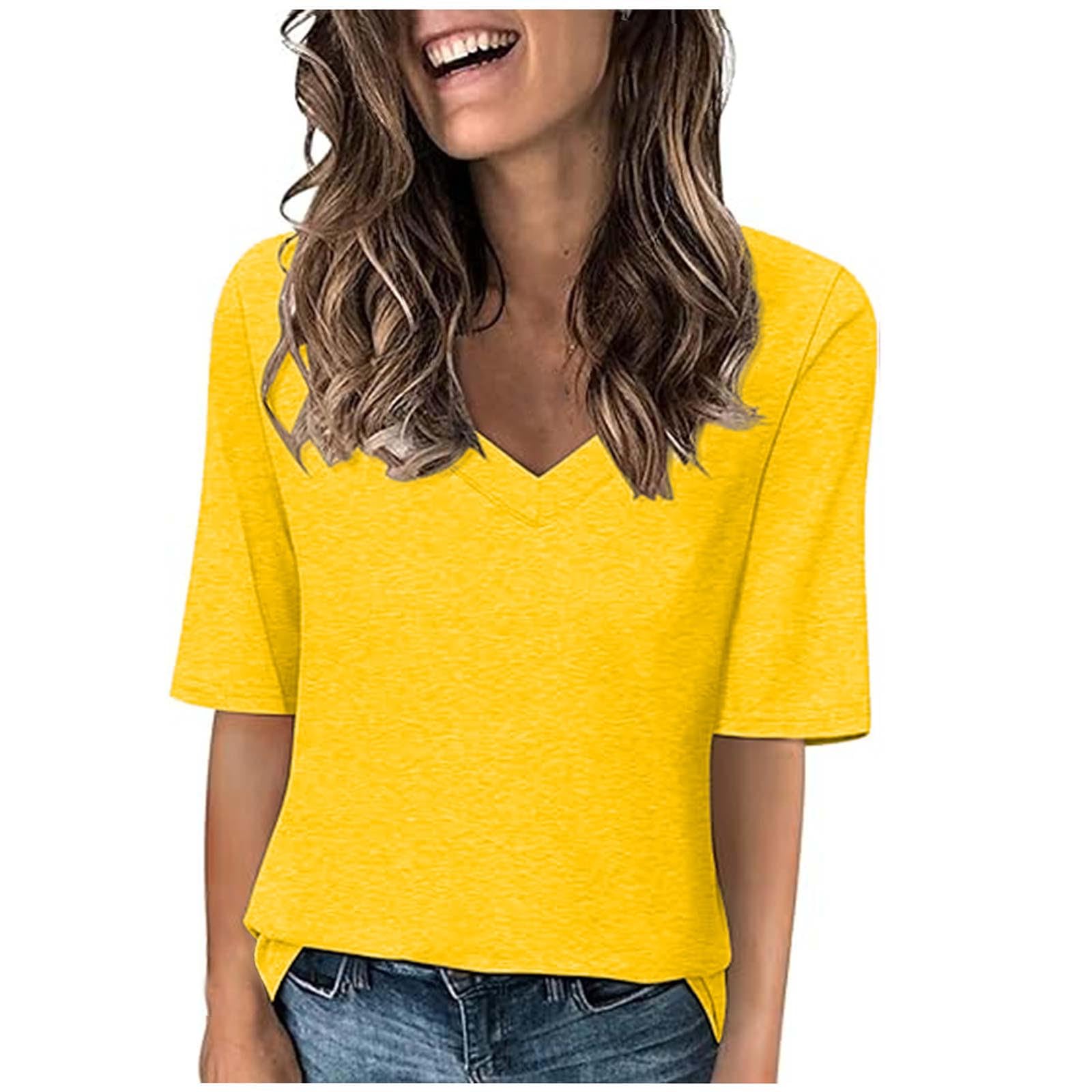 HAOLEI Basica Camisetas Manga Corta Mujer,Causal Camisa Mujer de Cuello en Pico Corte Suelto Simple Color Solido Casual Camiseta Mujer Verano de Multicolor Suelta Pullover Blusas Mujer Verano