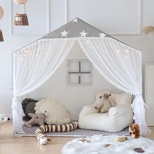 Miniatura 8 de Tienda de campaña para niños con alfombra, tienda de campaña grande con cortinas de puerta de pompones, casa de juegos para niños para niñas y