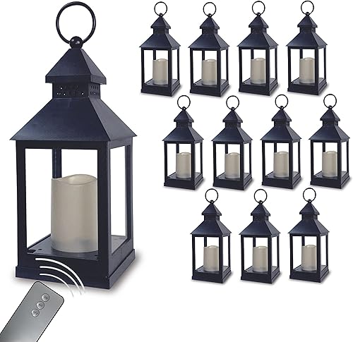 Miniatura 2 de Faroles decorativos  Juego de 12  Temporizador de 4 horas  Control remoto  Linternas negras de 11 pulgadas de alto con velas sin llama incluidas