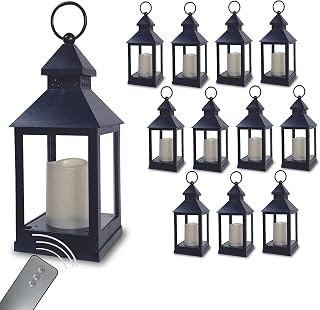 Decorative Lantern - Set of 12 - 4 Hour Timer - Remote Control - 11" H Black Lanterns with Flameless Candles Included - Indoor/Outdoor Lantern Set