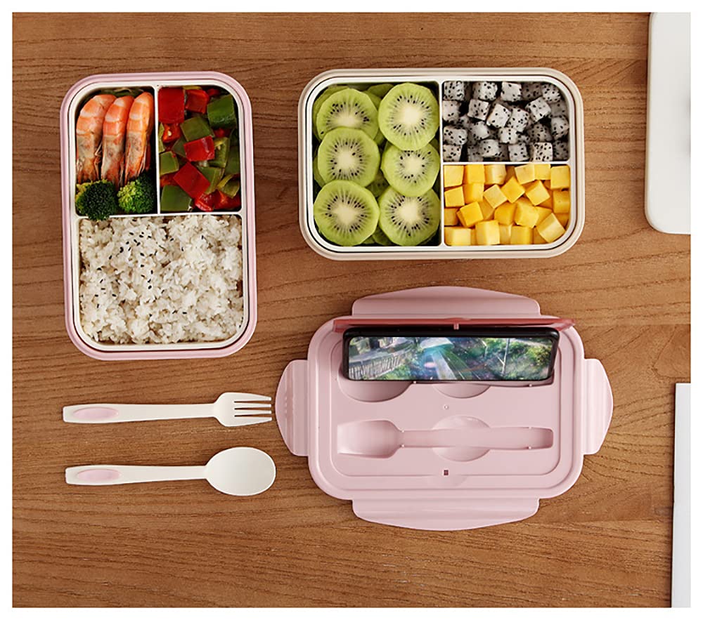 2 Scatole Bento Semplici, Scatole Bento Riutilizzabili, 3 Scomparti con Posate, Riscaldamento a Microonde, Adatto per Viaggi in Famiglia/Lavoro a Scuola