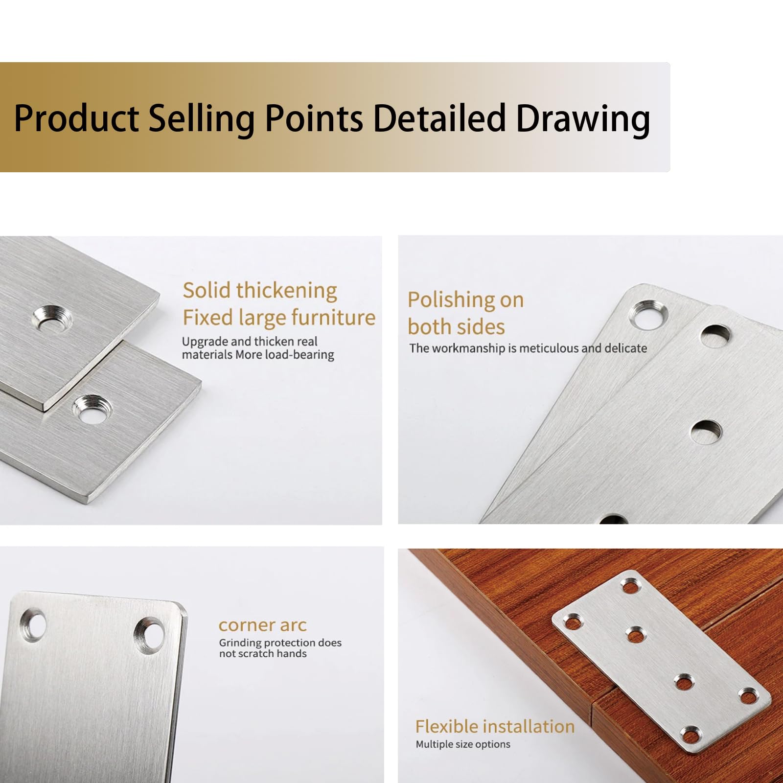 Leliafleury 2Pcs Flat Plate Bracket Stainless Steel Mending Plates Straight Brackets Corner Brace Plates Flat Joining Plates for Repair Fixing Wood Furniture 38 x 60mm - Image 4