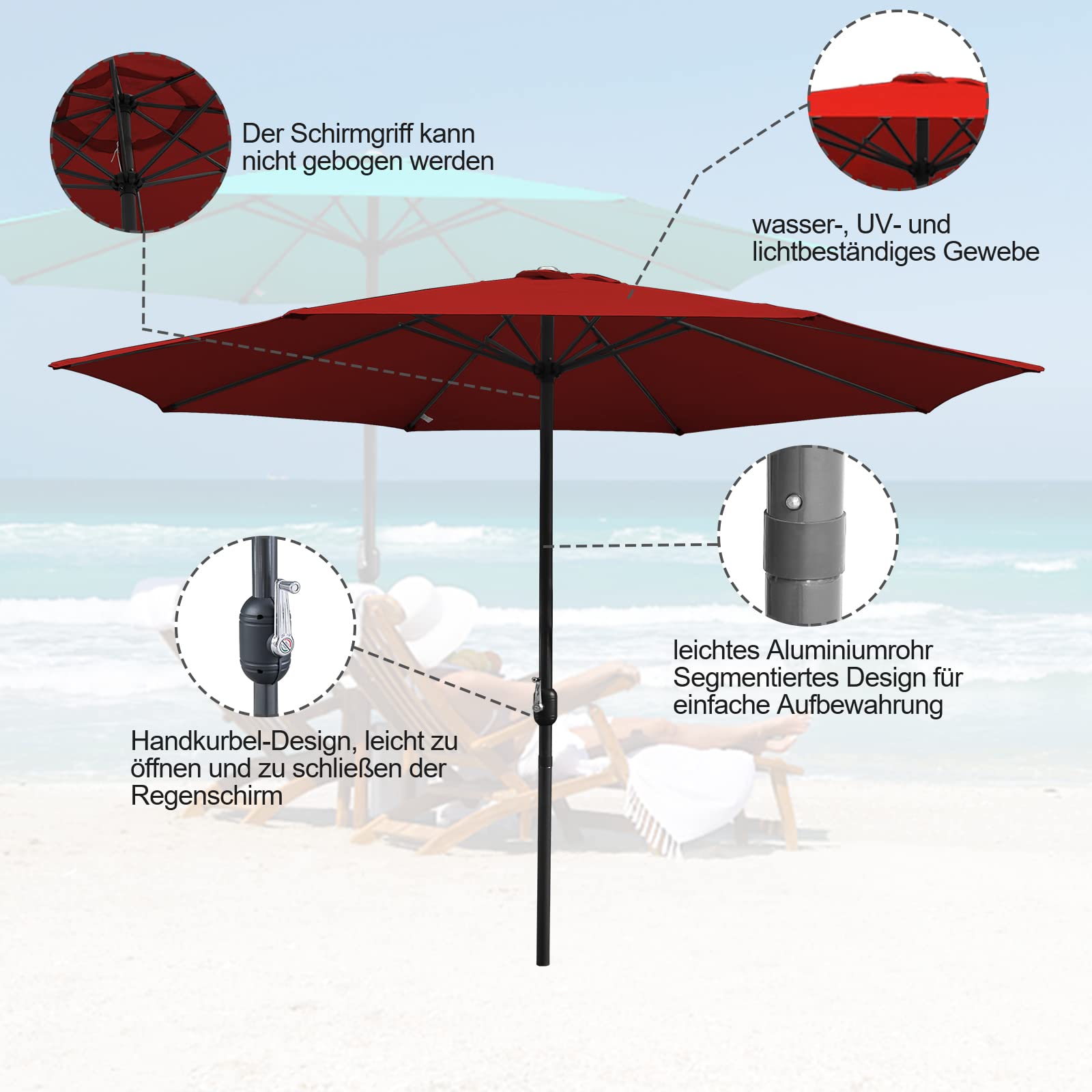 szary parasol przeciwsłoneczny z oświetleniem LED, korbą, parasol ogrodowy, ochrona przed słońcem i promieniowaniem UV 50+, aluminium, wodoszczelny, Ø 270/350 cm, czerwony