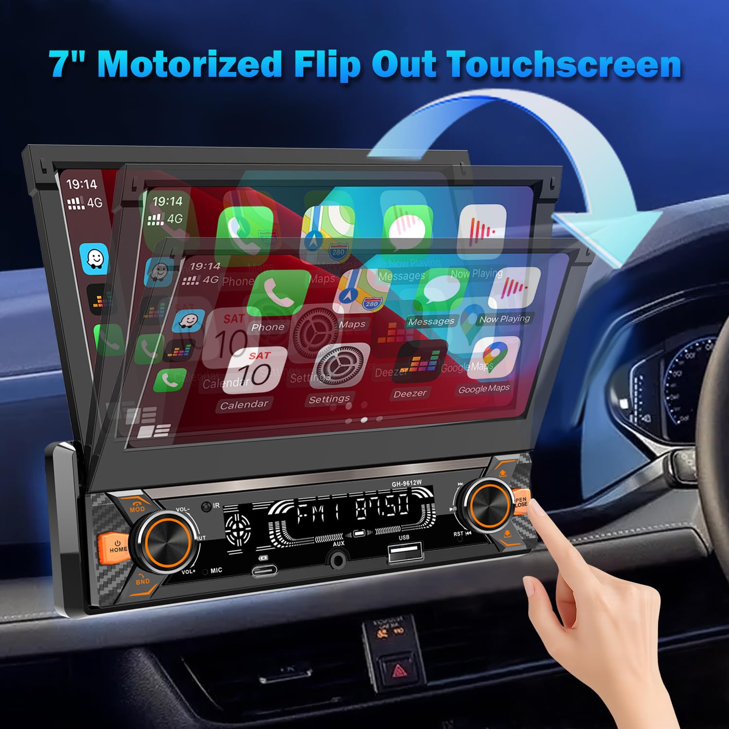 Autoradio 1 Din con Schermo (7" Retrattile Automatico) Compatibile con [Wireless] Apple CarPlay Android Auto Bluetooth AM/FM/RDS Radio USB (Type-C carica rapida 3A) AUX SD telecamera di backup