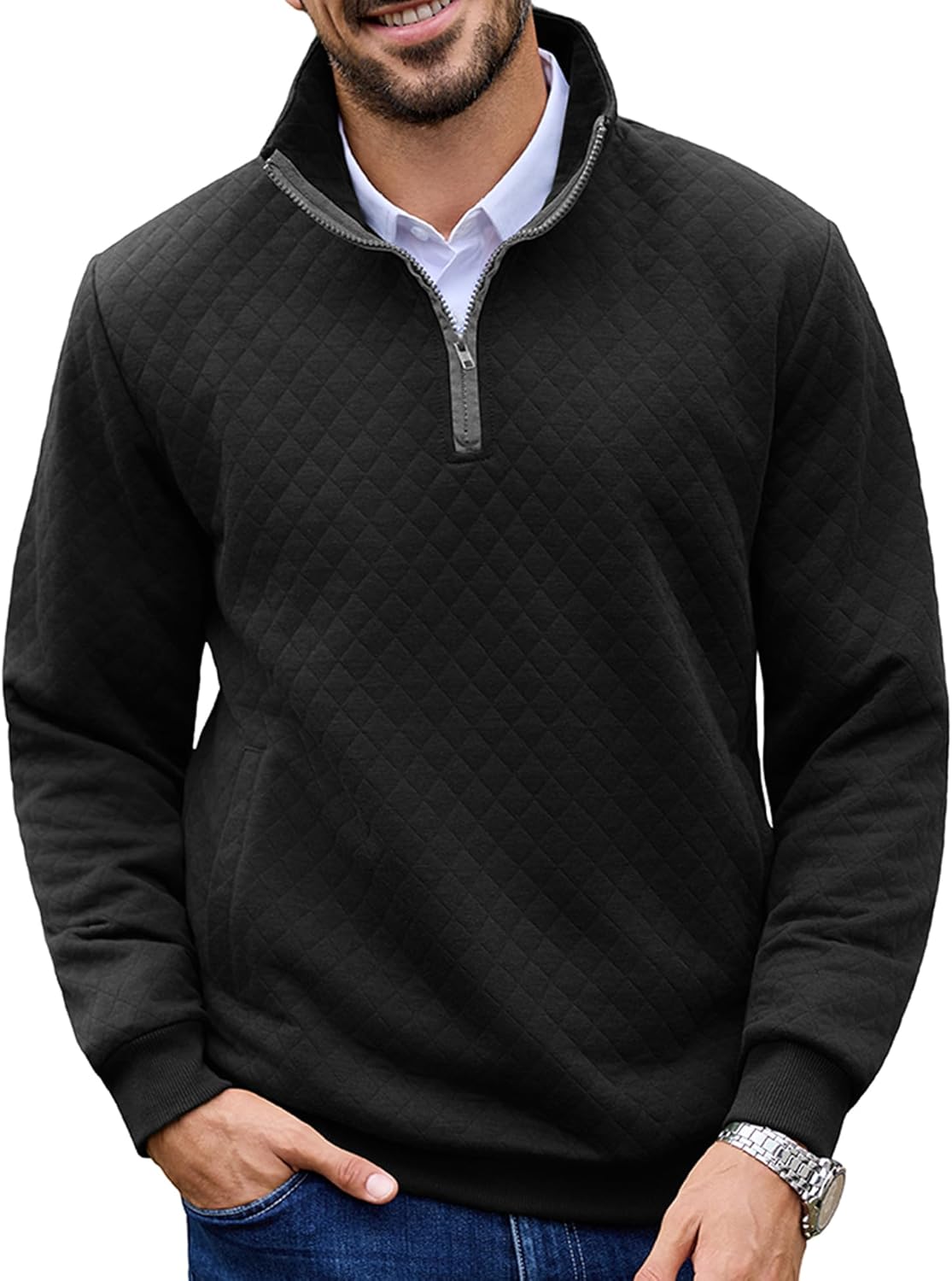 URRU Men’s Quarter Zip Pullover Quilted Sweater Long Sleeve Mock Neck Polo with Pocket Black X-Large