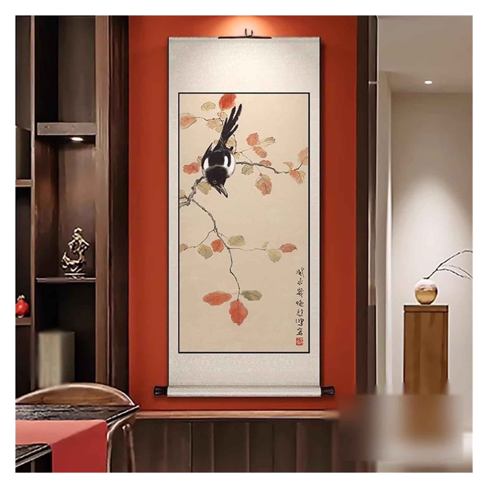 Malowidło zwojowe "Sroka z pomyślnością", ręcznie wykonany chiński element ścienny, dekoracja korytarza Feng Shui, kolekcja prezentów urodzinowych(Creamy white B,59L x 148W cm)
