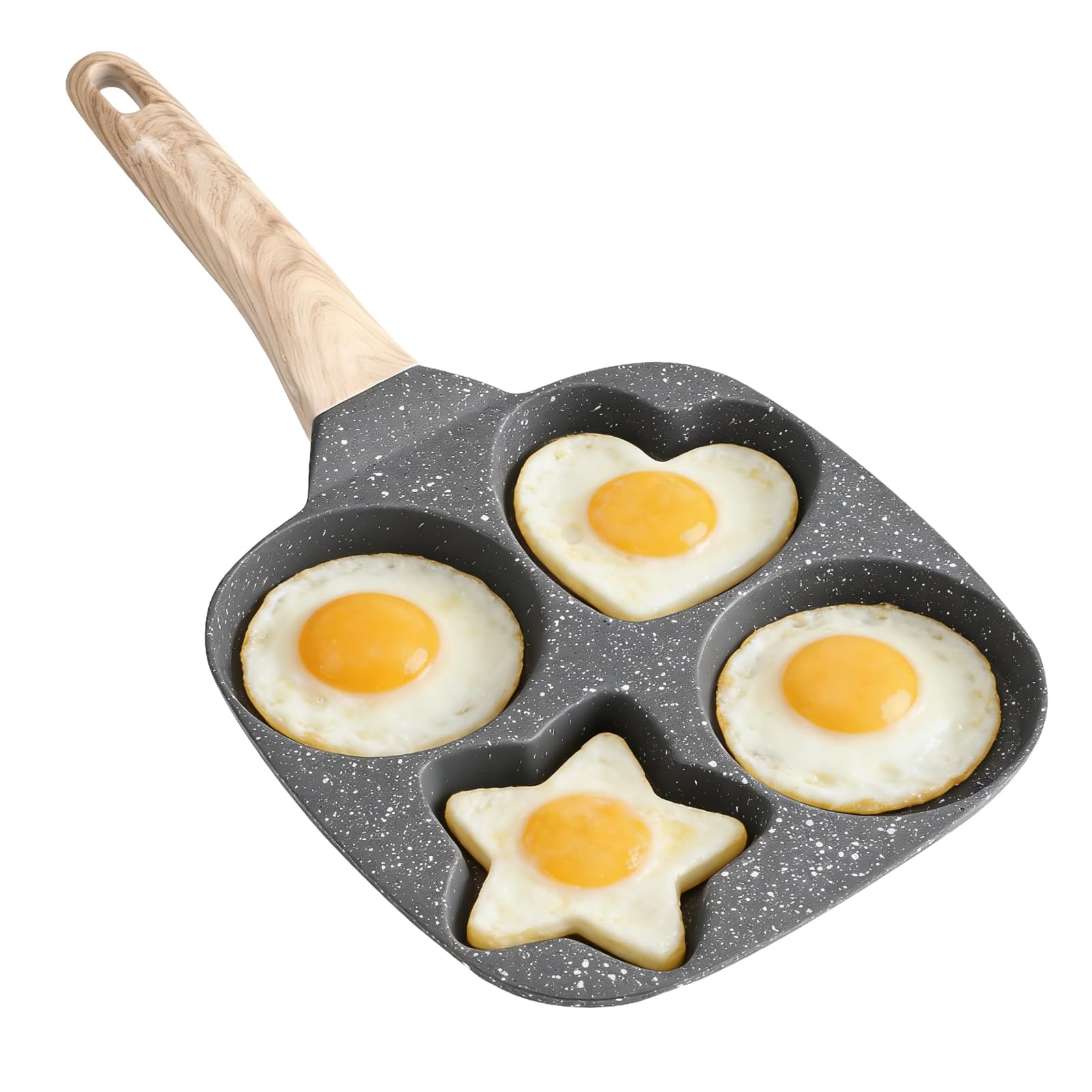 4 Mulden Eierpfanne, Antihaft Frühstückspfanne mit Silikonpinsel und Pfannenwender, runde Herz und Sternformen für Eier Speck Pfannkuchen, wärmeisolierter Griff, für Gas Elektro und Induktion