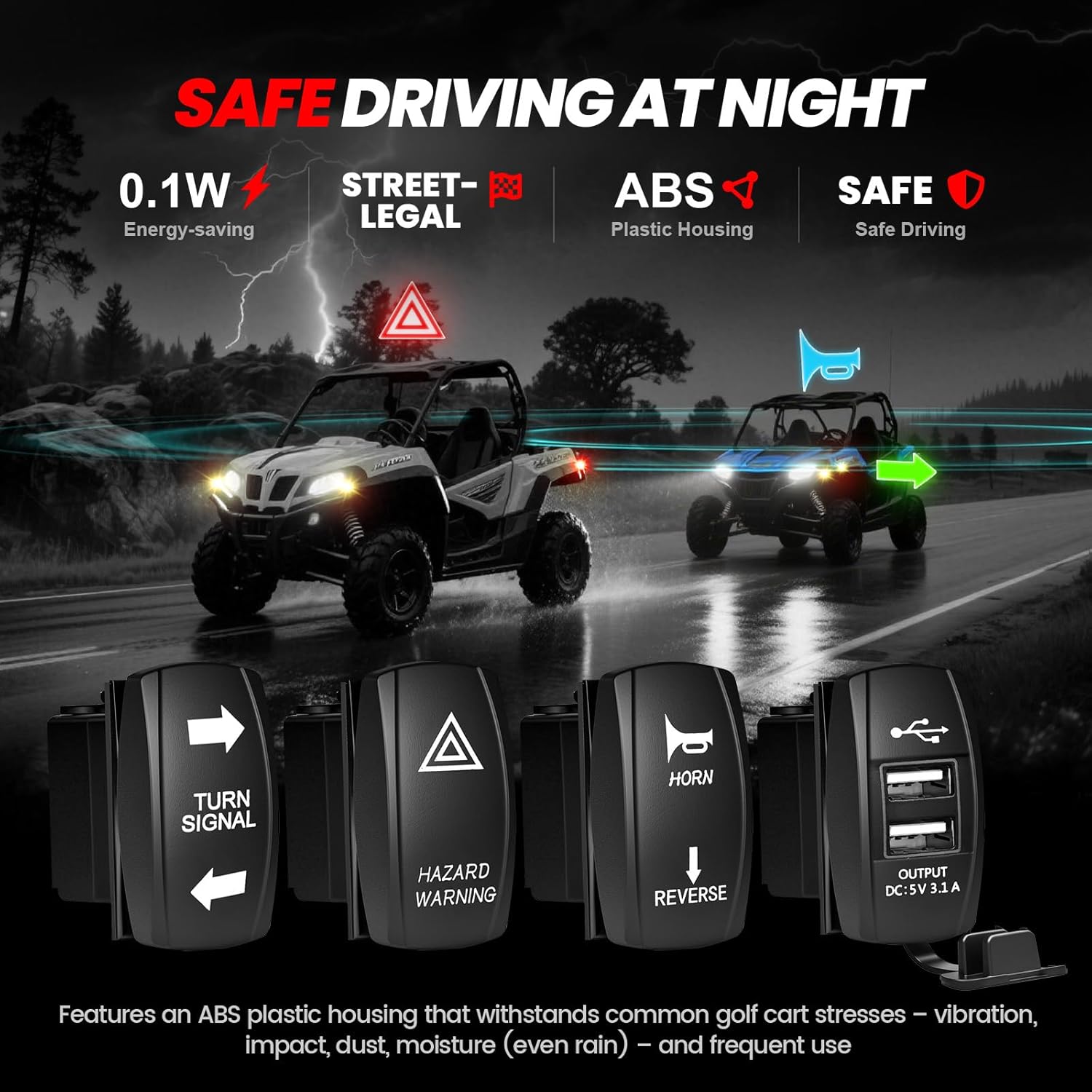 UTV Turn Signal Kit with Horn, 12V ATV SXS Blinker Kit with Rocker Switch/Hazard Lights/Flasher Relay, Universal Street Legal Kit for Polaris, Can-Am, Kawasaki, Golf Cart