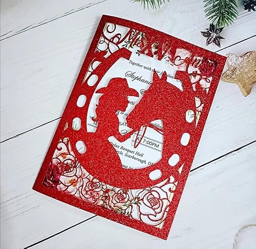 Miniatura 3 de 50 tarjetas de boda occidentales cortadas con láser para quinceañera, invitación de quinceañera, dulces dieciséis fiestas (rojo, solo fuera tarjeta)