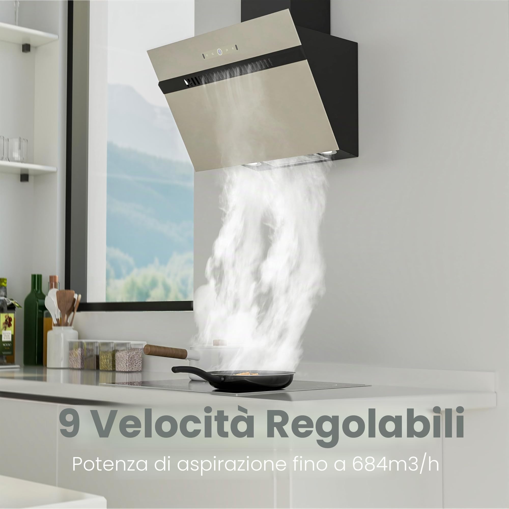 FIREGAS Classe A+++ Cappa Aspirante Inclinata 60cm, 684 m³/h, 9 Velocità, Controllo Touch e a Gesti, Ricircolo ed Estrazione, Cappa Cucina con Filtro a Carbone, Grigio