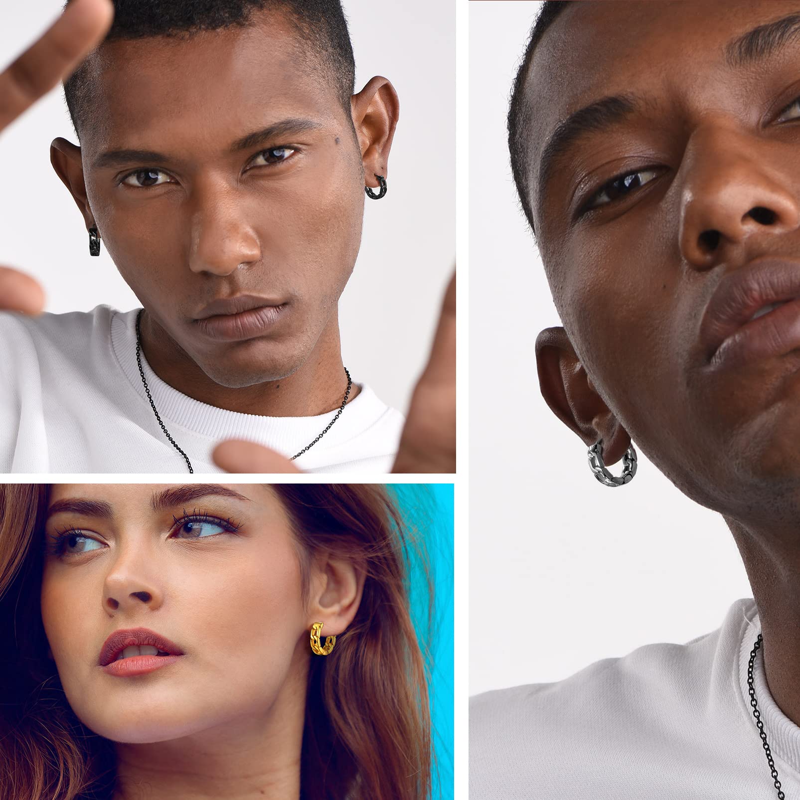 Chunky Hoop Earrings for Men Women, Skull/Infinity Pattern, Spike/Cuban Links 4 Design Options, Black/18K Gold Plated 316L Stainless Steel, Lightweight Earrings, Come Gift Box