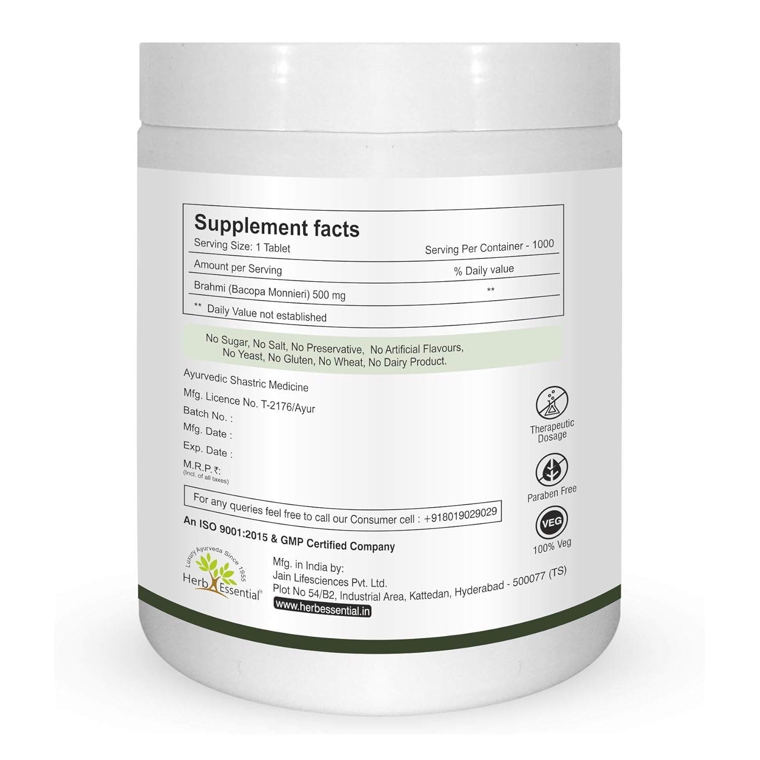 1000 Comprimidos de Brahmi 100% Puro (Bacopa Monnieri) - Suplemento Herbal Natural Vegano e Livre de Parabenos - (Pacote de 1) - Imagem 3