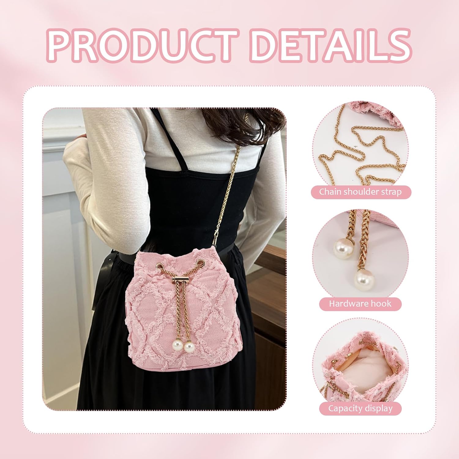 Denim Bucket Bag, Denim Purses for Women, Drawstring Jean Crossbody Shoulder Purse Hobo Bag, for Commuting, Shopping, Dating - Image 6