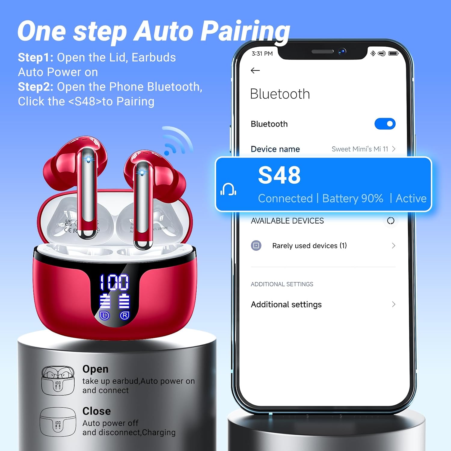 Image showing the S48 earbuds in their case and a smartphone screen displaying Bluetooth pairing instructions.