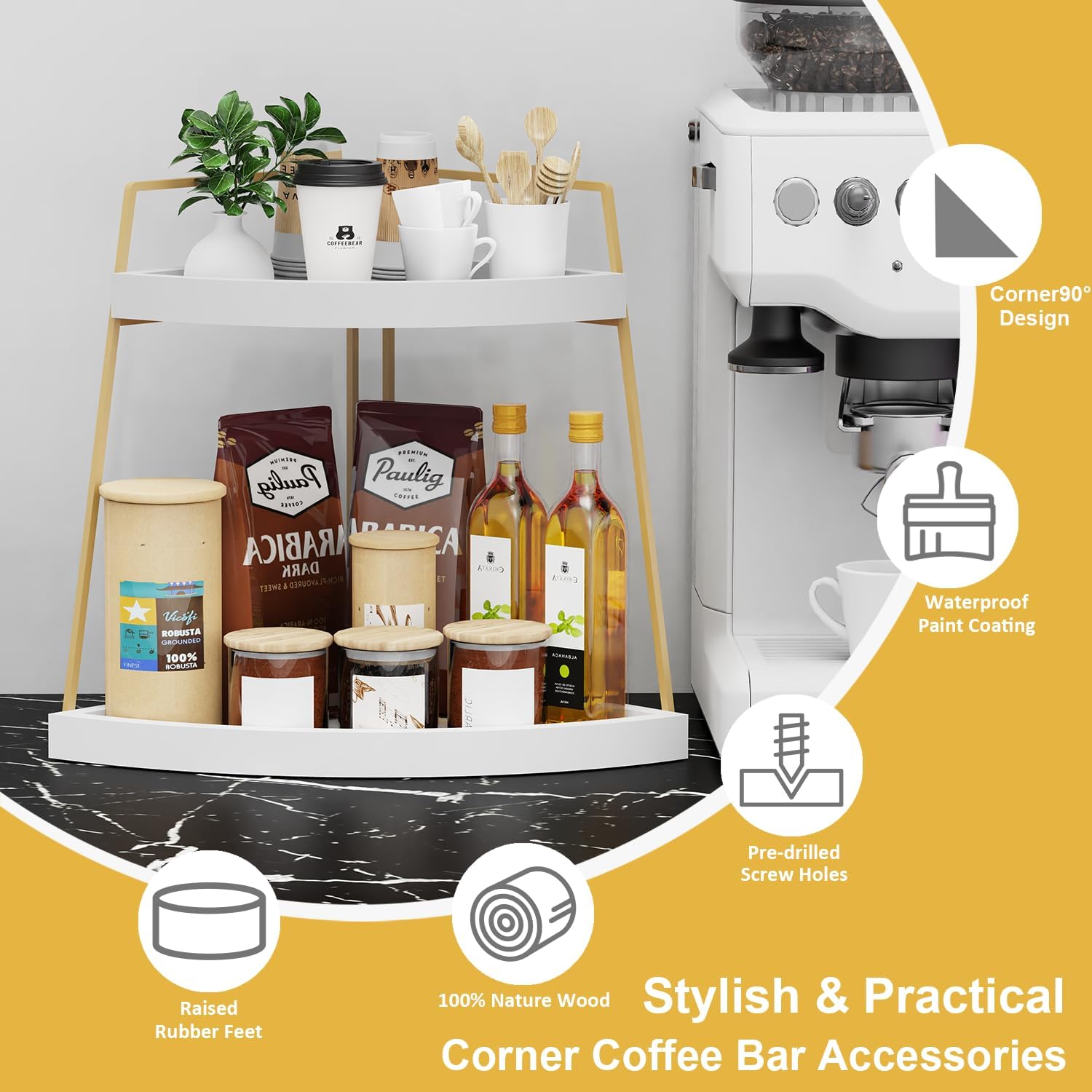 Coffee Bar Organizer for Countertop, 2-Tier Wood Coffee Corner Station, Multifunctional Coffee Bar Accessories and Organizer for Storage, White Gold Corner Condiment Rack for Kitchen, Bathroom Decor
