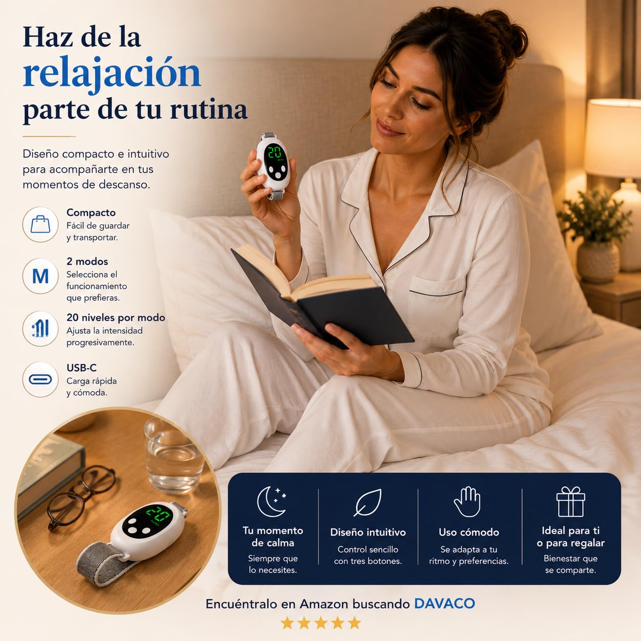 Dispositivo para Dormir y Relajarse, Masajeador de Mano EMS Antiestrés | 20 niveles de intensidad, modos Sleep y Excited, correa ajustable, autoapagado y formato portátil