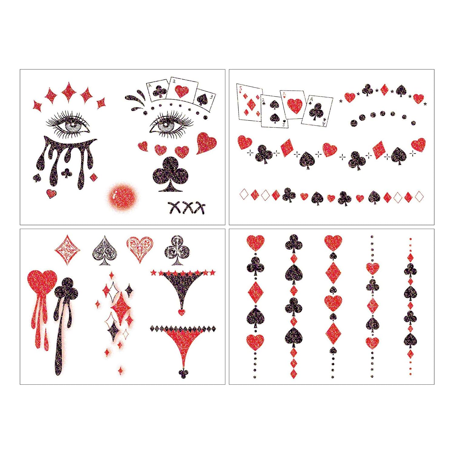 Halloween Glitter Clown Face Temporary Tattoos 4 Sheets Black Red