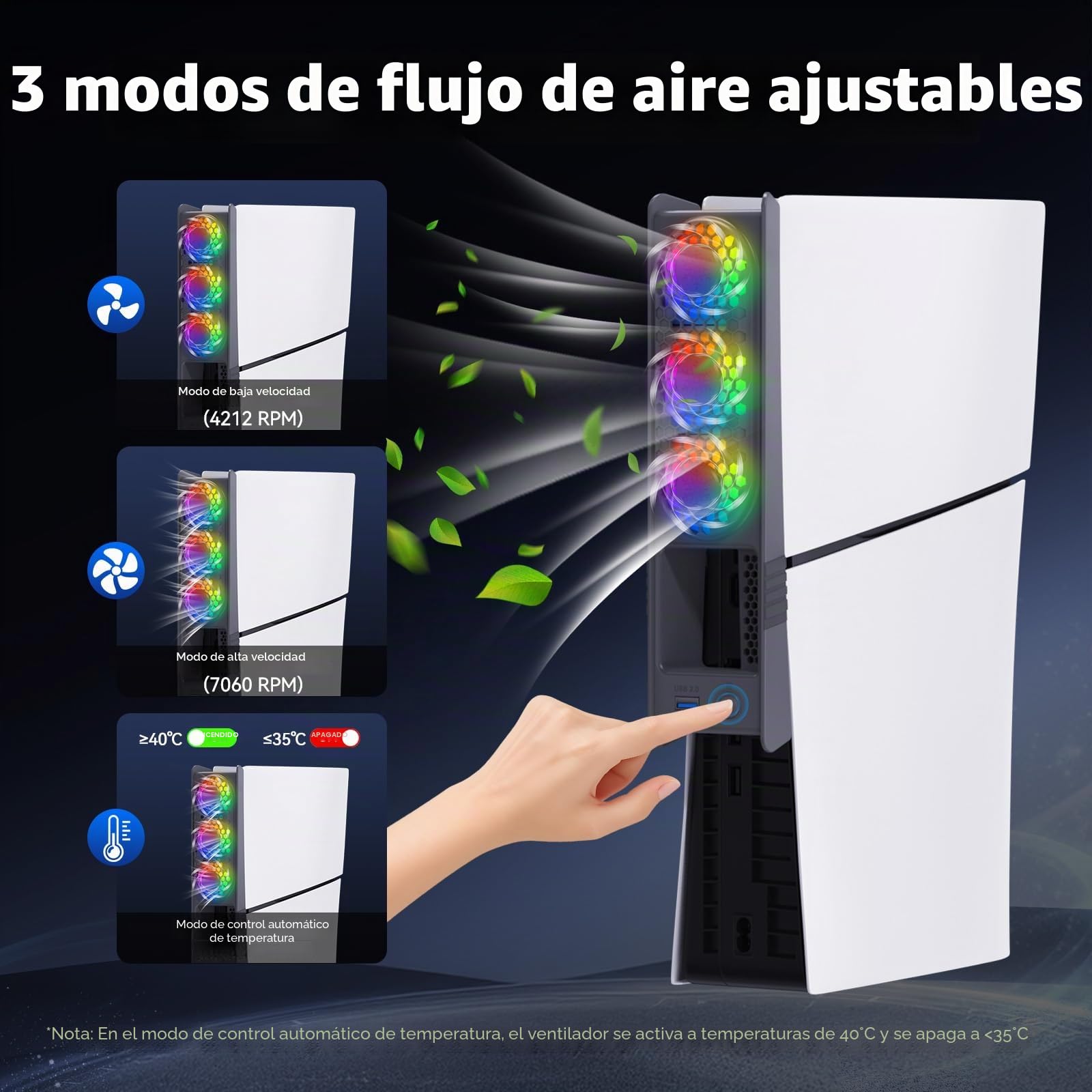 ELUTENG Ventilador para PS5 Slim, Ventilador Refrigerador para PS5 Pro con Ajuste Automático de Velocidad/Luz RGB/Hub USB 3.0, Accesorio de Refrigeración Silencioso para Playstation 5 Pro/Slim