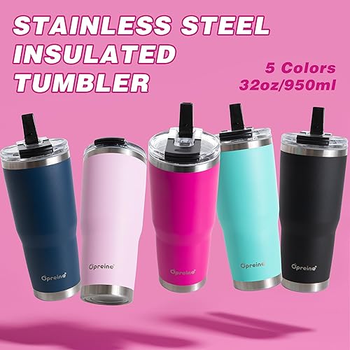 Miniatura 7 de Opreine Vaso aislado de 32 onzas con popote y asa, de acero inoxidable al vacío de doble pared, apto para soporte de automóvil, a prueba de sudor, a