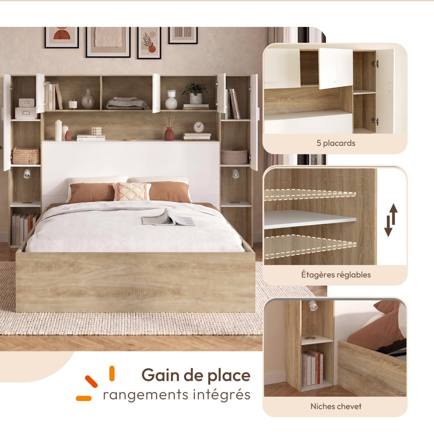 IDMarket - Lit Pont Armoire Bridget Coffre sommier 140 x 190 cm