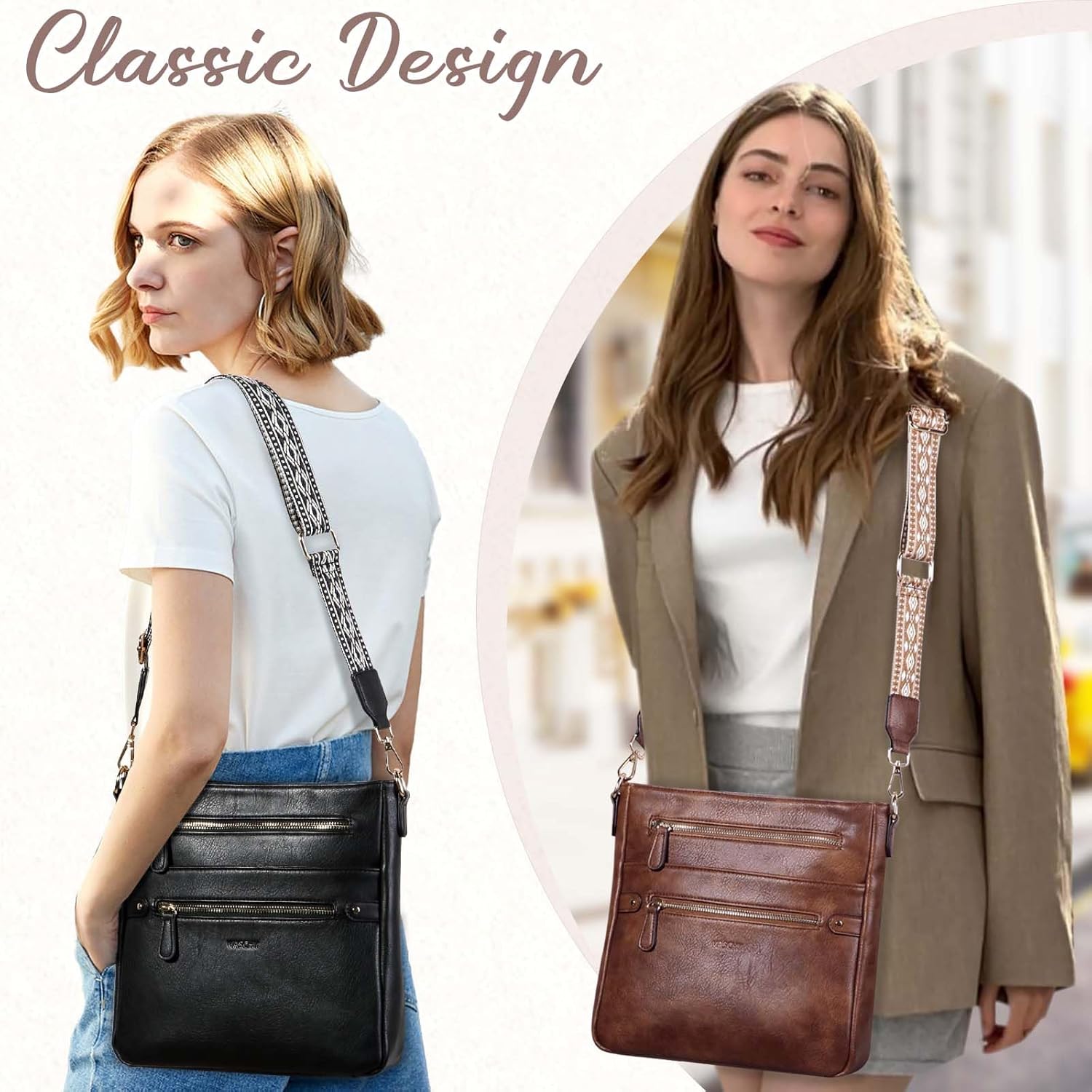 VASCHY Crossbody Bag Purse for Women, Fashion Vegan Leather Medium Multi-pocket Cross Body Messenger Bag Handbag Guitar Strap - Image 2