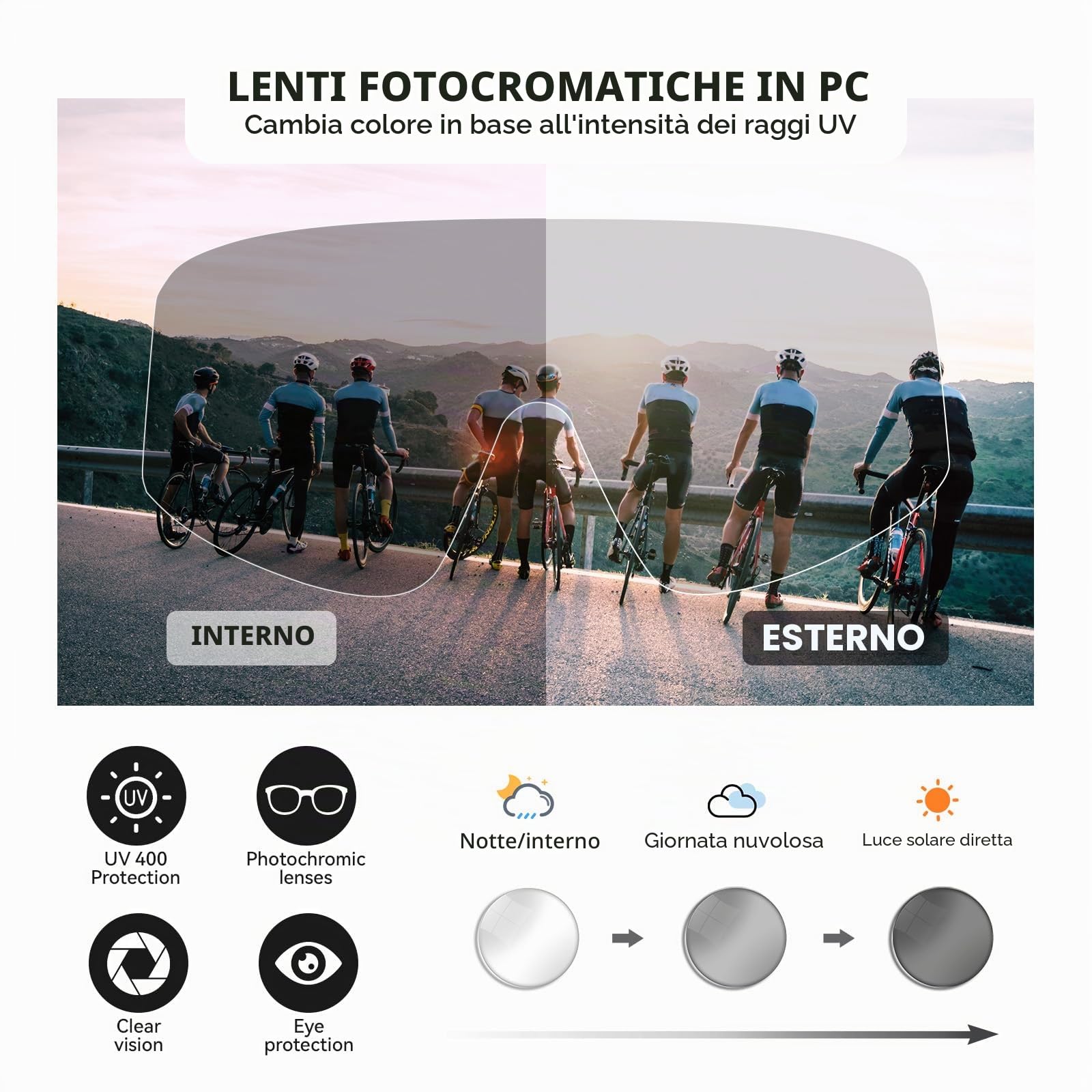 ROCKBROS Occhiali da Ciclismo Fotocromatica Uomo Donna, Occhiali da Sole Sportivi Protezione UV400, Nasello Regolabile, Leggero, Attività All'aria per Bici Guida Golf Sci Pesca Corsa